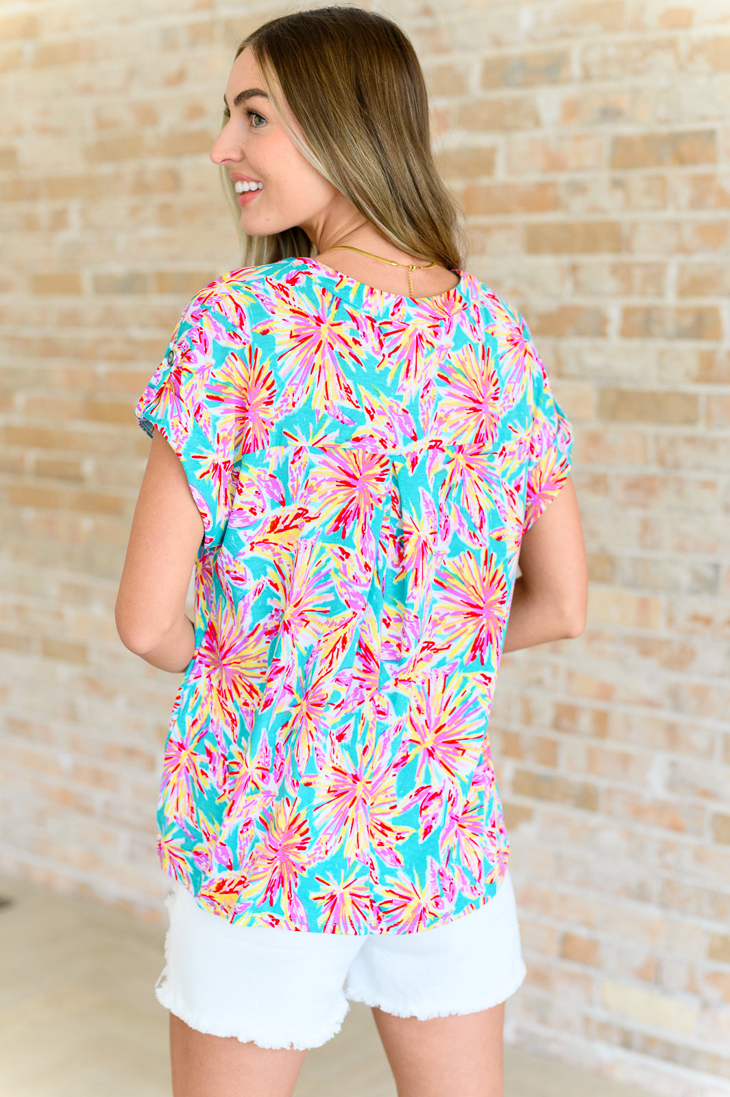 Lizzy Cap Sleeve Top - Emerald Green Palm Tree Print Women's Blouse | Perfect for Beach Vacations, Summer Outfits & Tropical-Themed Parties