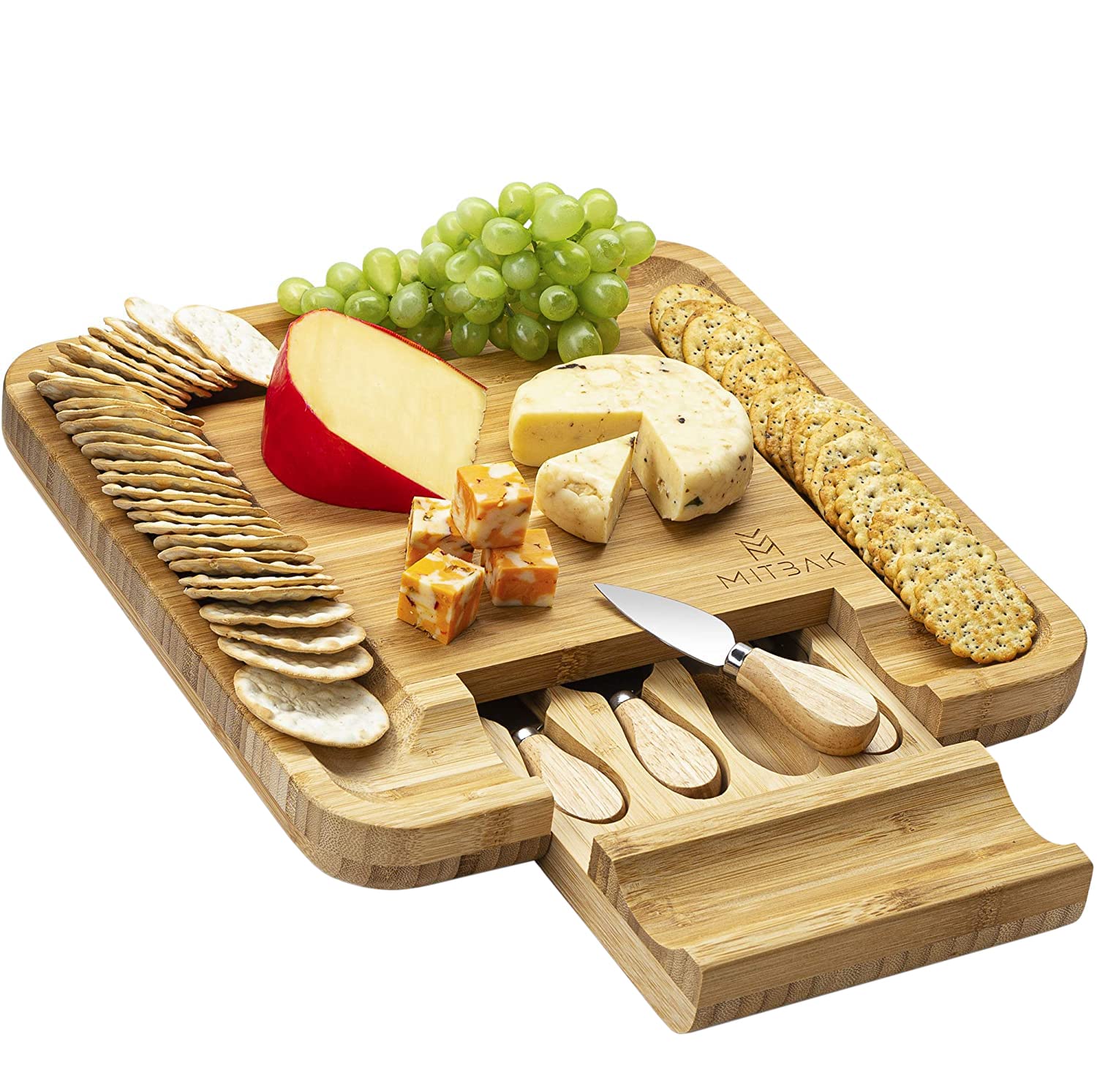 MITBAK Bamboo Charcuterie Board Tray with 4 Cheese Knives - 13x13x1.5 Inch Wooden Serving Platter for Cheese, Charcuterie & Appetizers - Perfect Gift for Christmas, Thanksgiving, Housewarming & Dinner Parties - Ideal for Entertaining, Wine Nights & Holiday Gatherings