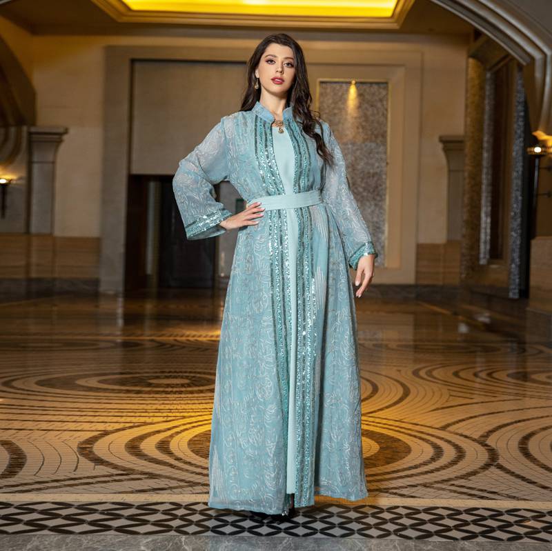 Elegant 2-Piece Eid Dress for Women - Sparkling Sequins Kaftan & Open Abaya Set | Perfect for Eid Celebrations, Weddings & Special Occasions