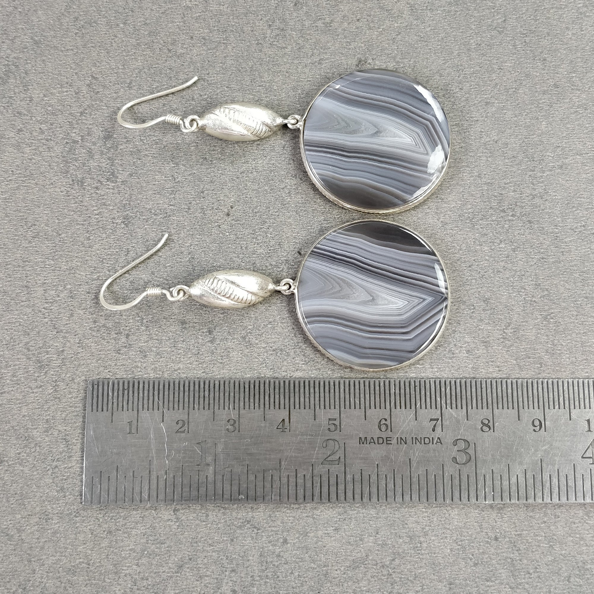 Botswana Agate Gemstone Earrings - 18.94g Natural 925 Sterling Silver Bi-Color Round Bezel Set Drop Dangle Hook Earrings (2.5 Inch) for Women | Perfect for Parties, Weddings & Everyday Elegant Wear