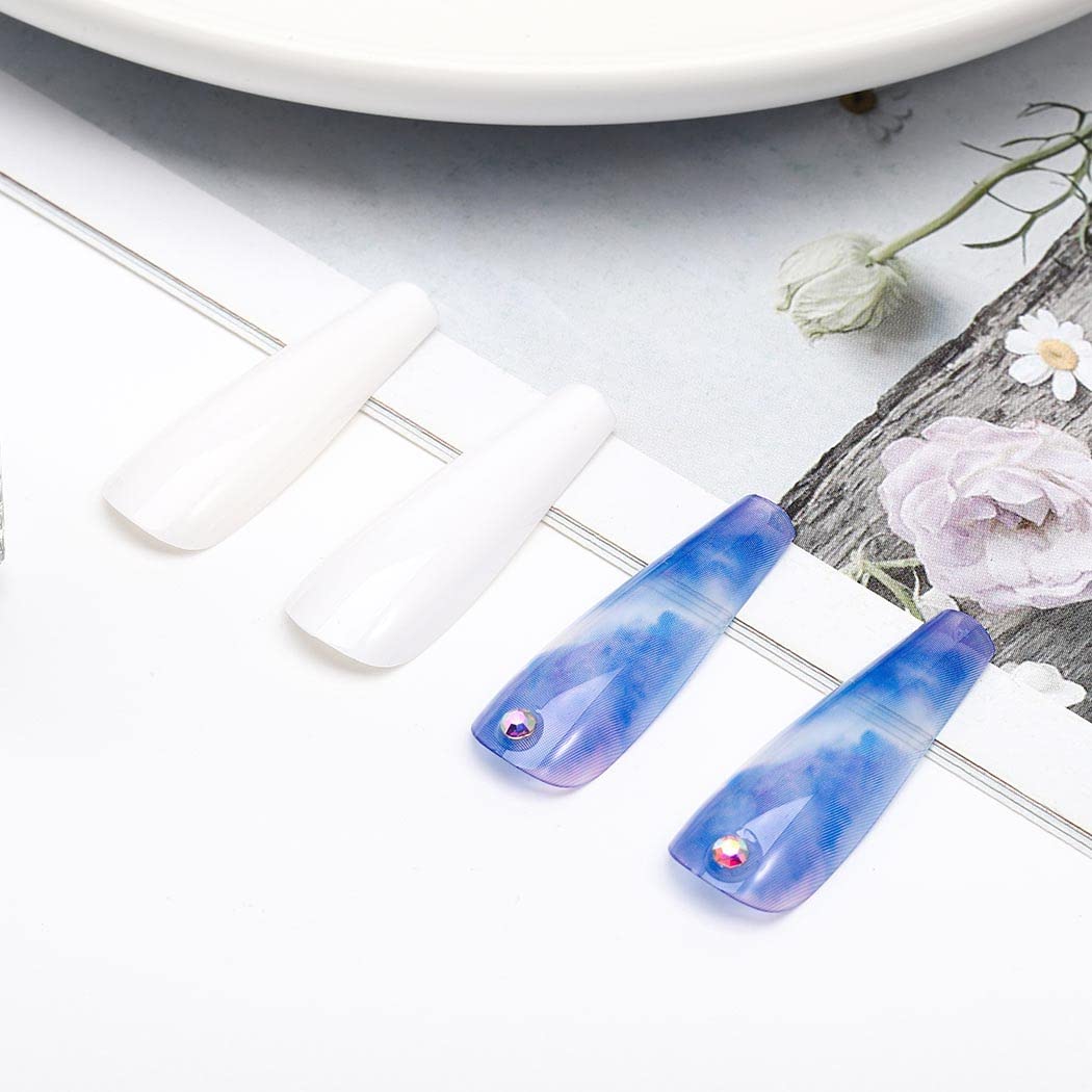 Glossy Purple Press on Nails Long Coffin Shape with Marble Design & Glitter Rhinestones - 24Pcs Full Cover False Nails for Women & Girls - Perfect for Parties, Weddings, and Special Occasions