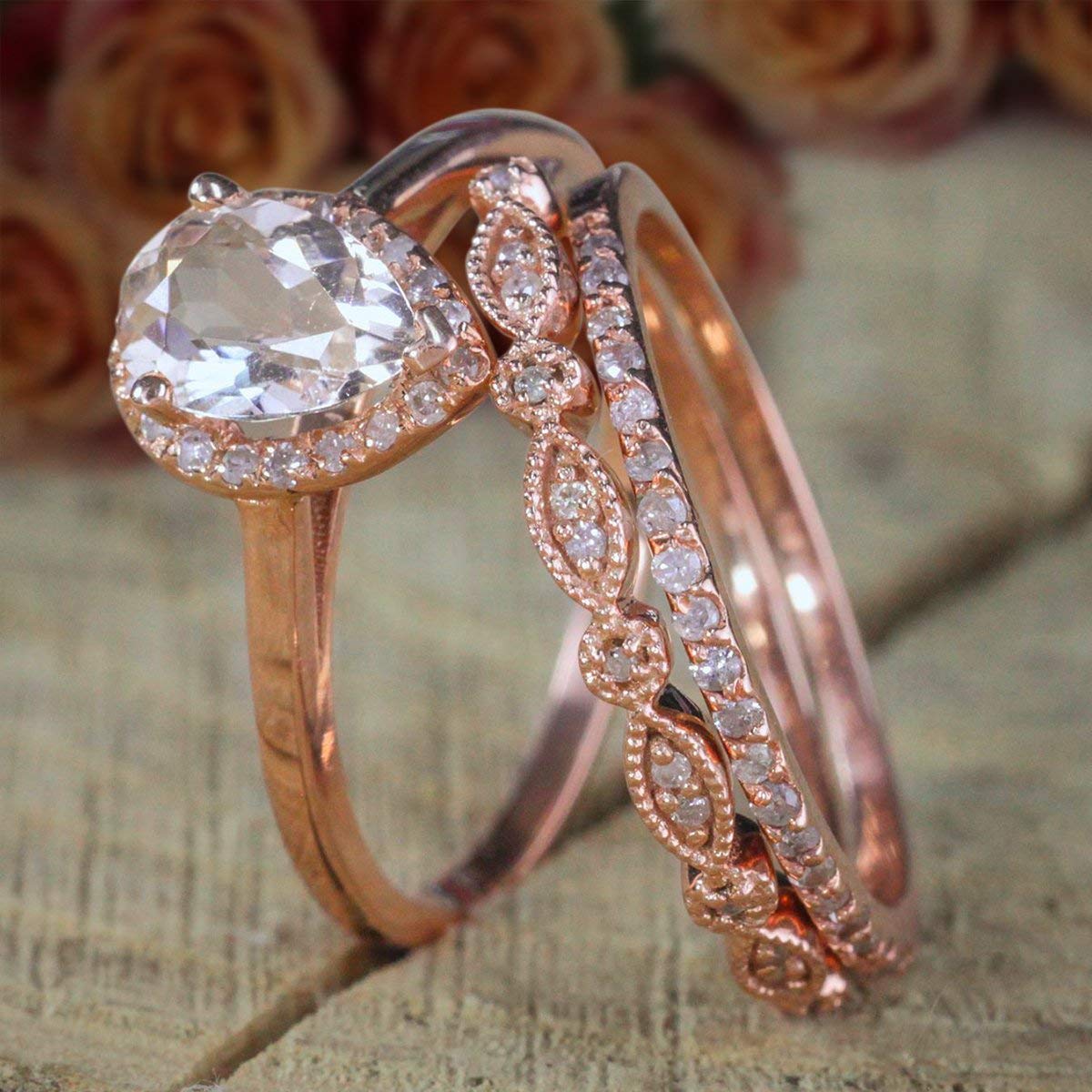 2.25 Carat Pear Shape Morganite & Diamond Halo Trio Bridal Wedding Ring Set in 18K Gold Plating - Elegant Engagement & Anniversary Jewelry Gift for Her