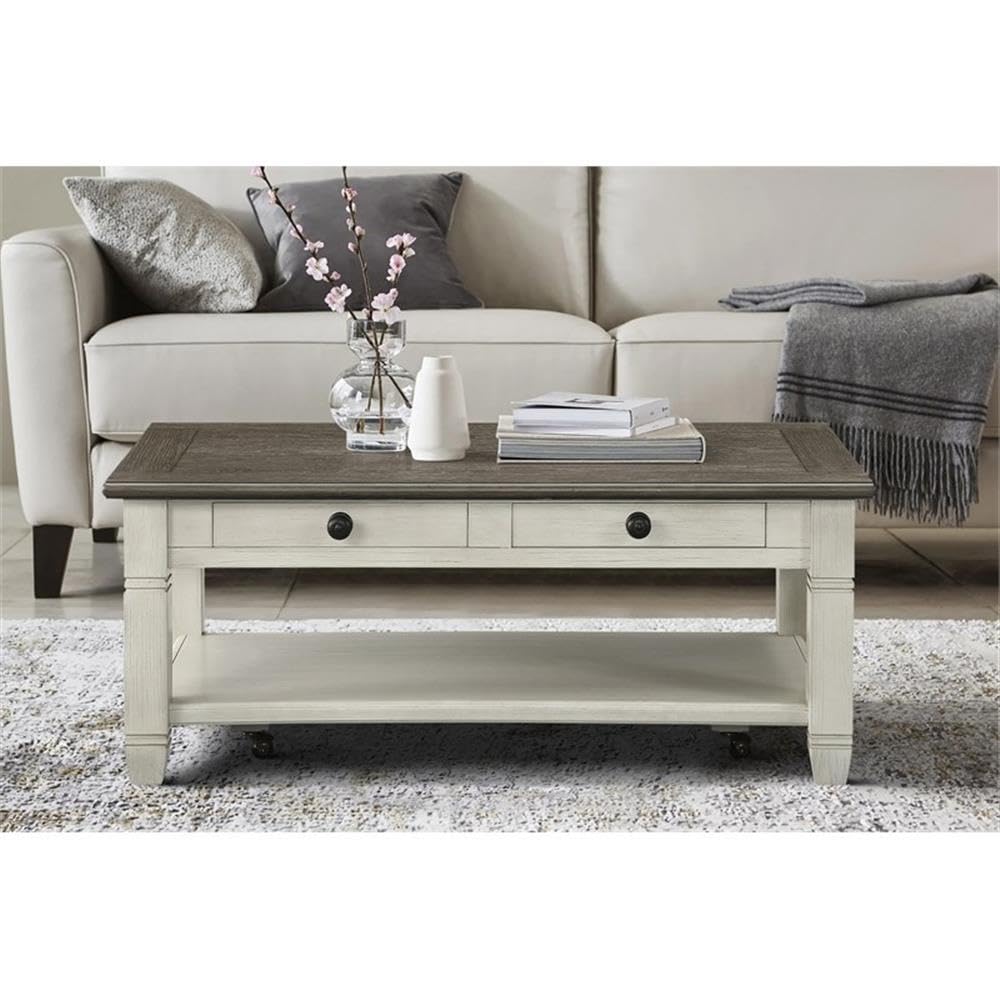 Lexicon Granby Wood 2 Drawer Coffee Table in Antique White - Modern Living Room Furniture for Small Spaces, Home Decor & Storage Solution | Perfect for Apartments, Dorms & Cozy Homes