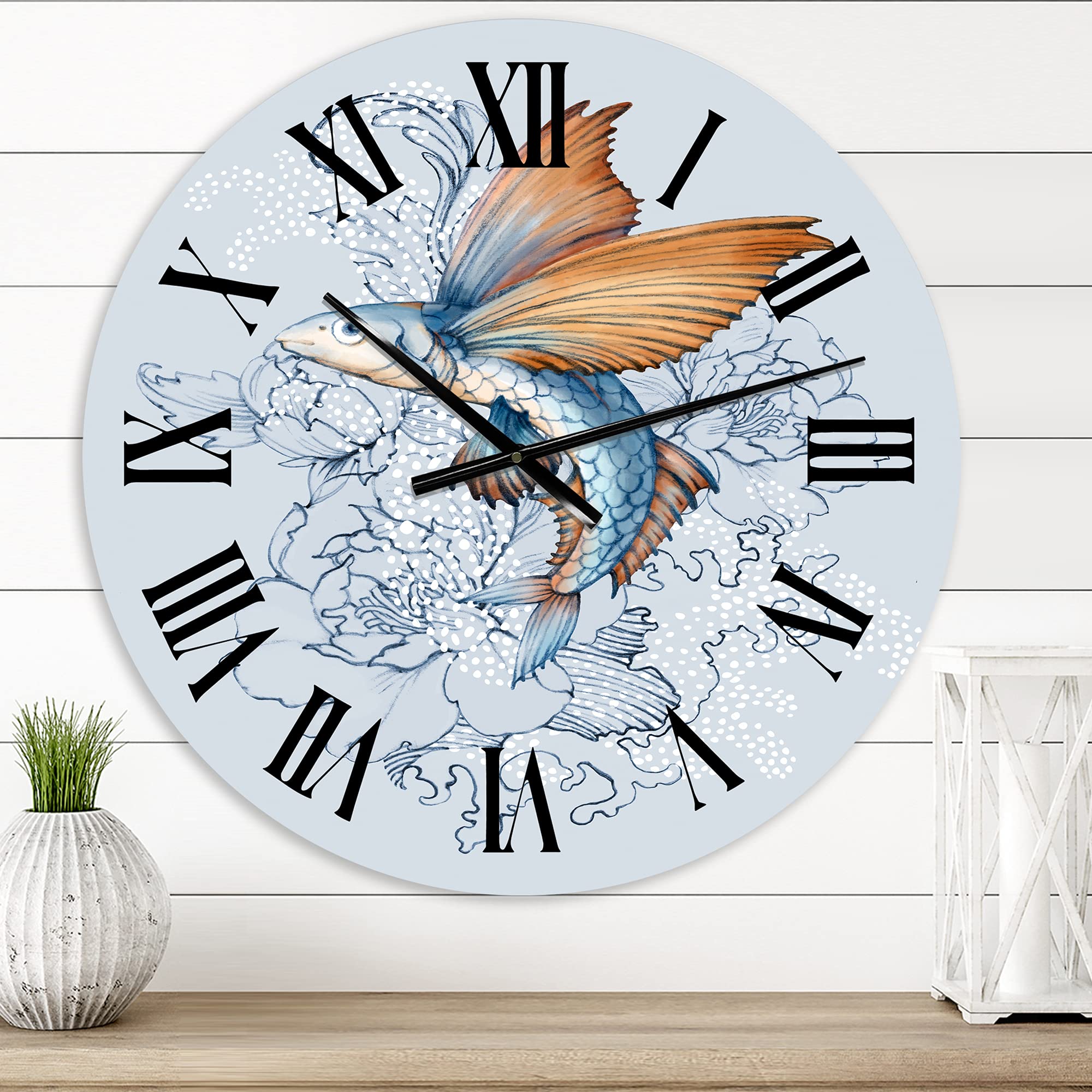 Flying Fish On Peonies Large Wall Clock - Traditional Chinese Style Decorative Clock for Home, Office & Living Room | Perfect for World Culture Decor & Gift Giving
