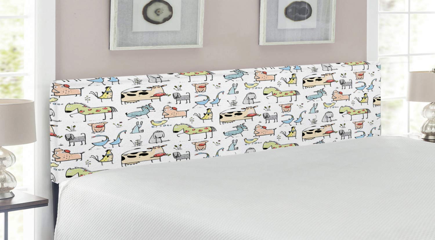 Lunarable Farmhouse Animal Headboard - Cow, Horse, Pig, Chicken & Sheep Cartoon Print Upholstered Metal Bed Headboard with Memory Foam - King Size, Multicolor - Perfect for Kids' Rooms, Nursery Decor & Country-Themed Bedrooms