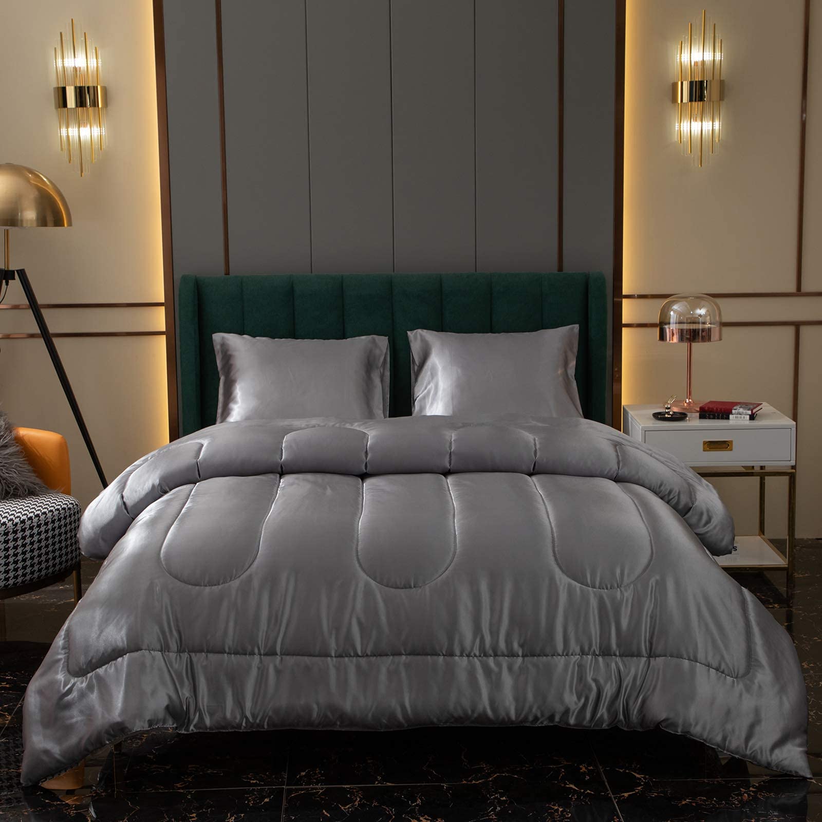 Luxury Satin Comforter Set Queen Size - Soft Grey Silky Bedding with 2 Pillowcases for Ultimate Comfort | Perfect for Master Bedroom, Guest Room & Cozy Nights