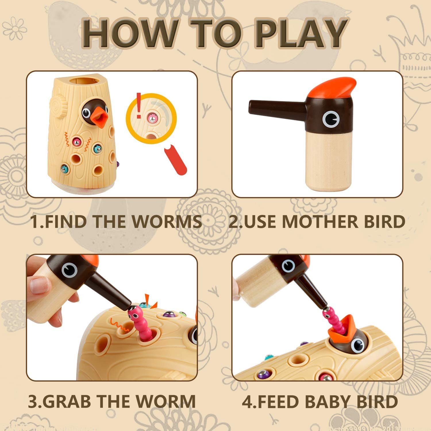 TOP BRIGHT Montessori Toys for Toddlers 2-4 Years - Woodpecker Worm Magnetic Game for Fine Motor Skills | Preschool Learning & Play