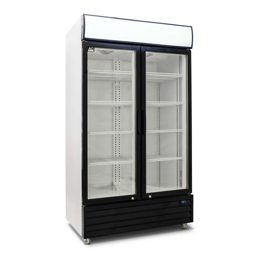 AG 1000L Commercial Double Door Glass Refrigerator - Upright Display Fridge for Restaurants, Supermarkets & Retail Stores - Energy Efficient Glass Door Merchandiser for Beverages & Food Storage