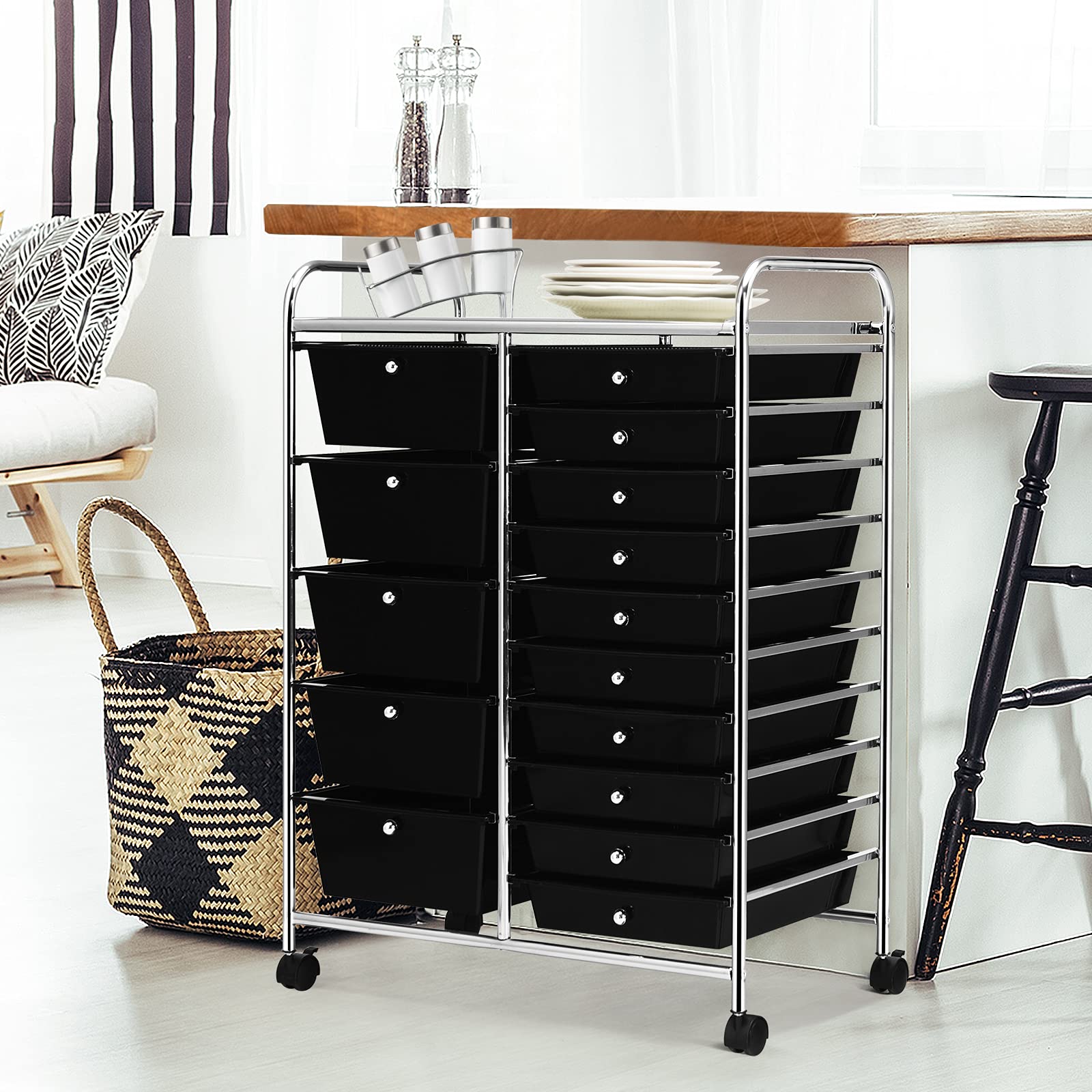 BETTARY 15 Drawer Rolling Cart with Removable Drawers & 4 Universal Wheels - Multipurpose Lightweight Tool Organizer for Scrapbook Paper, Office Supplies, Crafts - Perfect for Supermarket, School, Office & Home Organization (Black) | Space-Saving Storage Solution for Small Rooms & Workstations