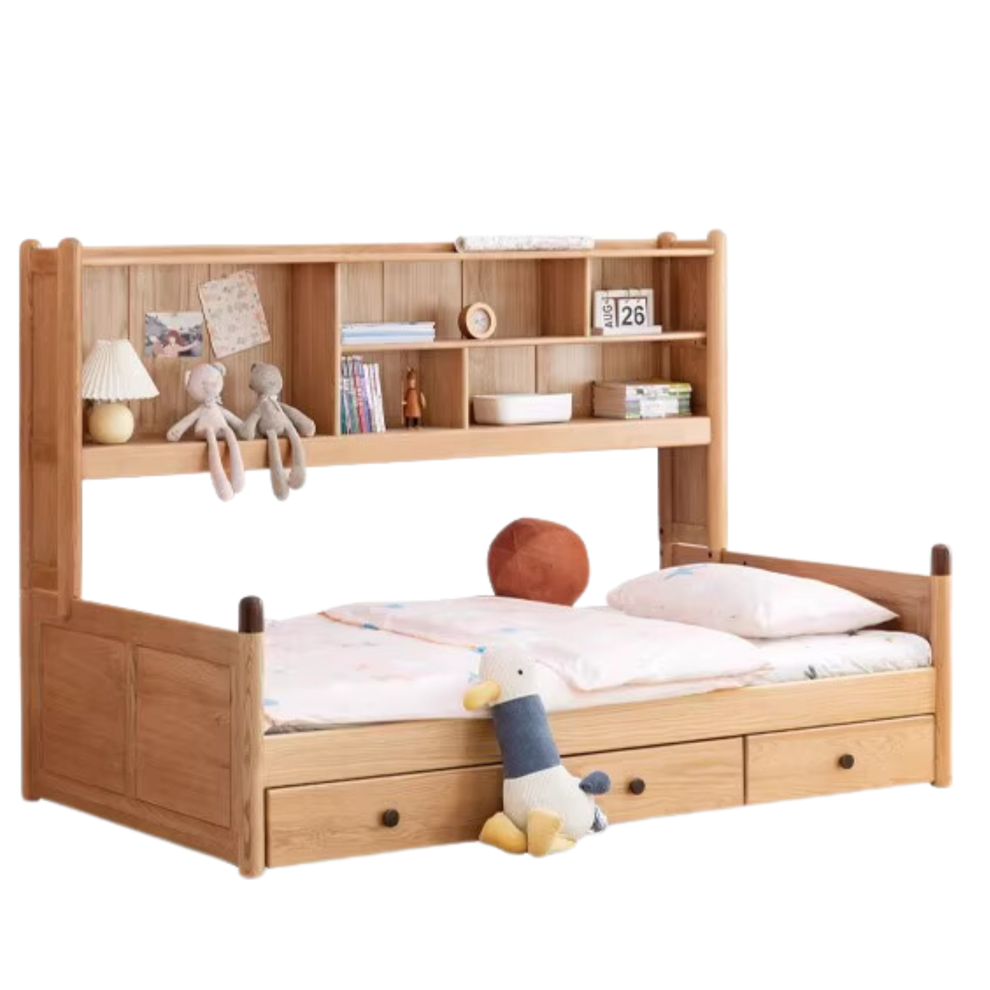 Solid Oak Wood Multi-Function Storage Bed - Queen Size Platform Bed with Underbed Drawers for Small Space Bedroom, Guest Room & Studio Apartments