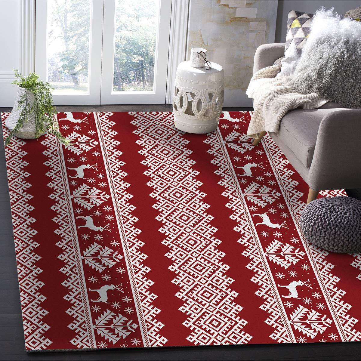 2' x 3' Christmas Area Rug with Non-Slip Backing - Easy Clean Indoor Outdoor Rug for Living Room, Patio, Deck - Scandinavian Winter Reindeer Design - Perfect for Holiday Decor, Cozy Home & Festive Gatherings