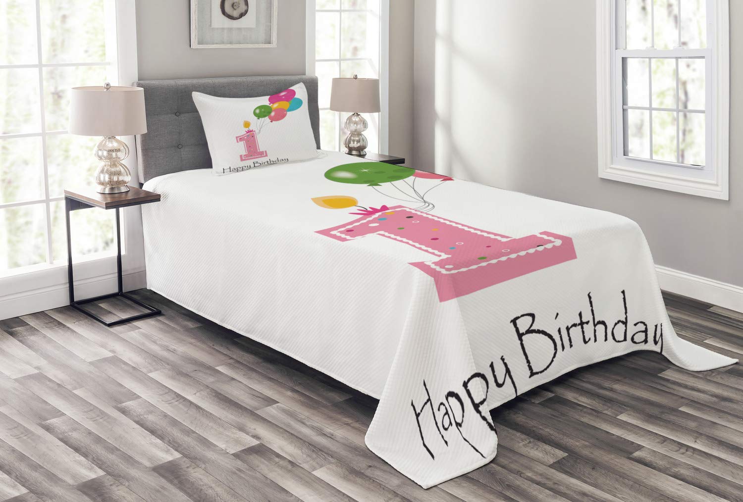 Ambesonne 1st Birthday Bedding Set - Twin Size Pink Balloon Print Bedspread with 2 Pillow Shams | 3-Piece Girl's Party Decor | Perfect for First Birthday Celebrations, Nursery Decor & Photo Backdrops