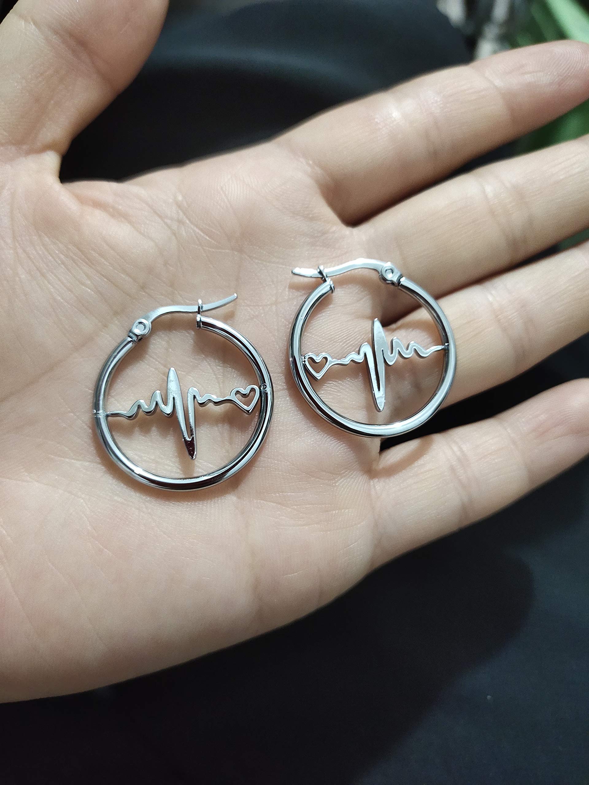 Stainless Steel ECG Heartbeat Hoop Huggie Earrings for Women - Medical EKG Nurse Doctor Jewelry Gift - Perfect for Healthcare Professionals & Heartbeat Lovers