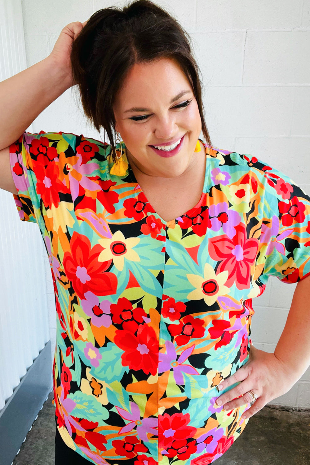 Stylish Multicolor Tropical Floral Print V-Neck Drop Shoulder Blouse for Women | Summer Beach Vacation & Boho Outfit Essential