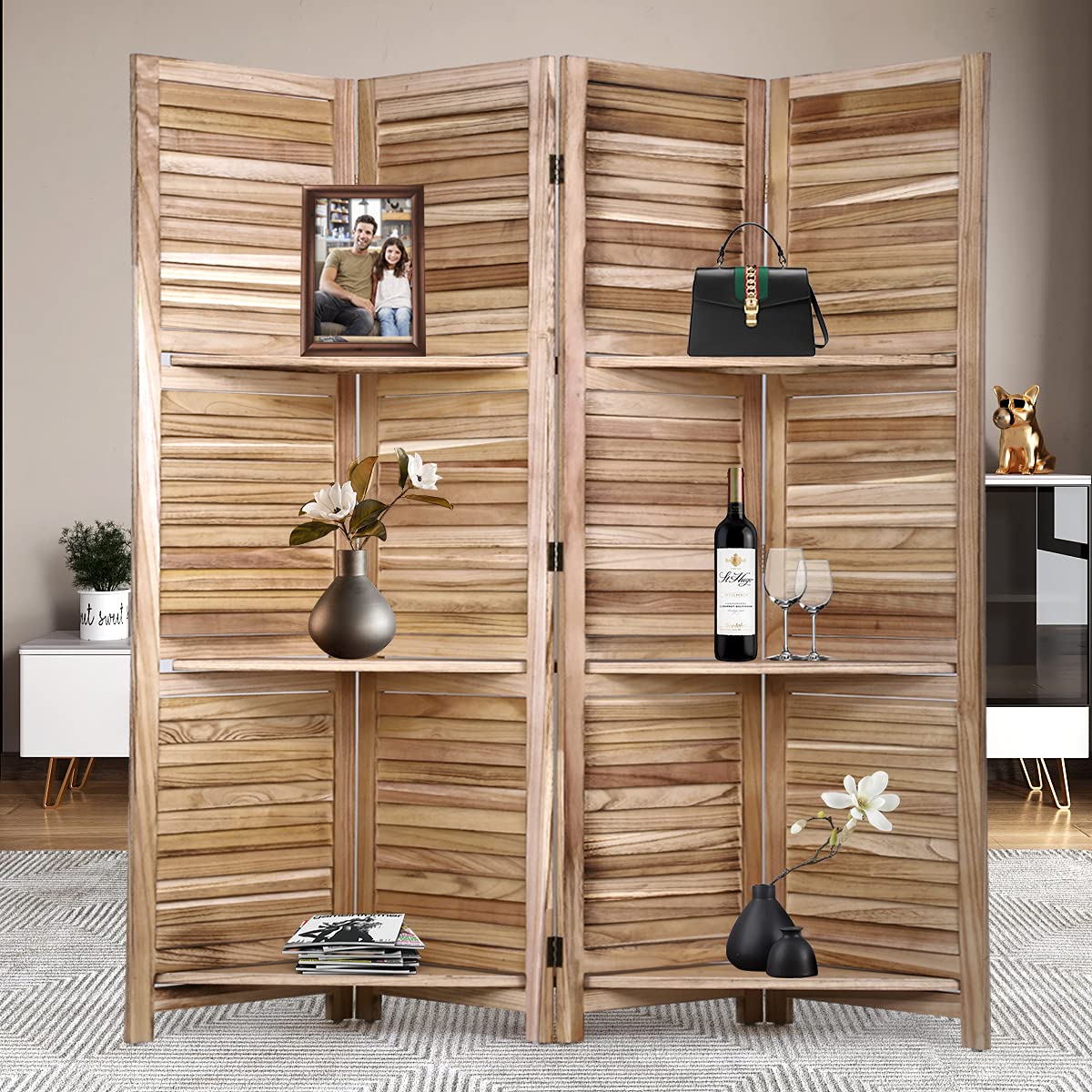 4 Panel Wood Room Divider 5.7 Ft Folding Screen with 3-Tier Shelves - Portable Freestanding Partition Wall for Home Office, Apartment & Living Room - Natural Finish - Perfect for Space Separation, Privacy & Decorative Storage