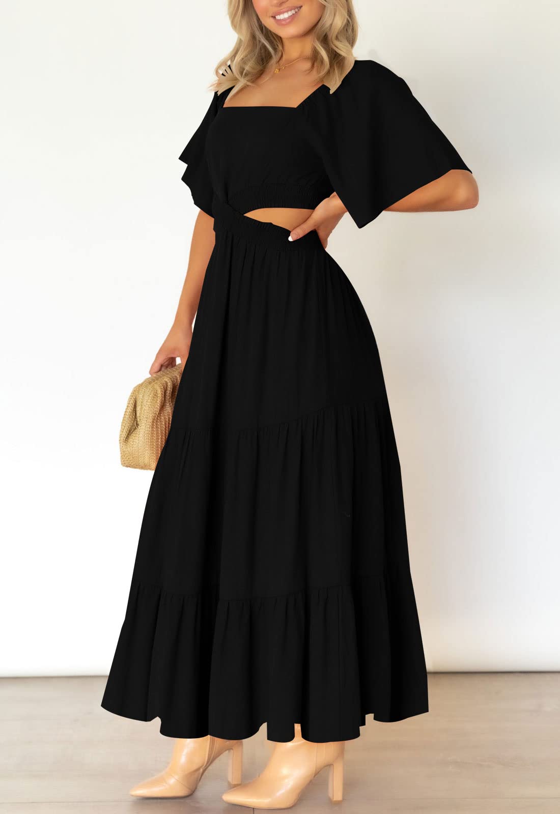 LEANI Women's 2025 Summer Cutout Maxi Dress - Square Neck, Short Sleeve, Crossover Waist Casual Party Dress for Beach, Wedding & Evening Events | Flowy Boho Chic Style