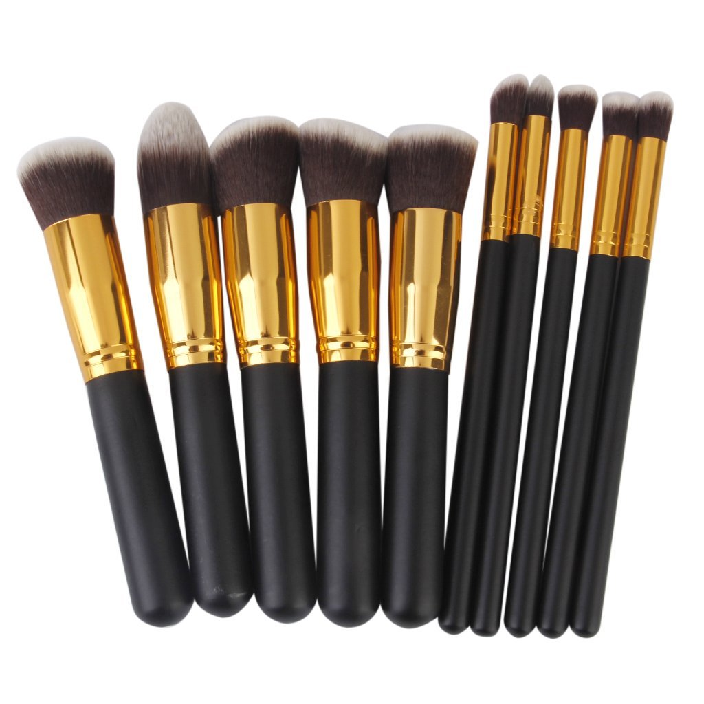 TYAGIRL 10-Piece Wooden Handle Makeup Brush Set with Aluminum Tube & Fiber Bristles - Black & Golden for Foundation, Blending, Eyeshadow & Contouring - Perfect for Professional Makeup Artists & Beginners