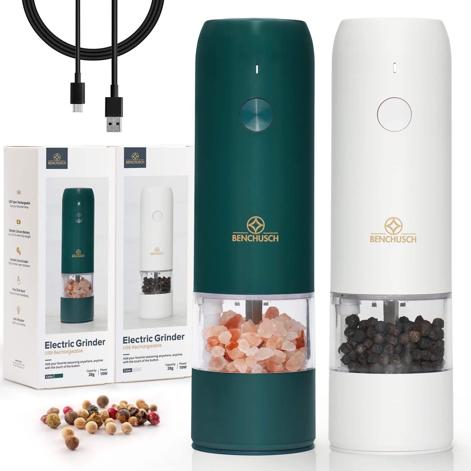 Electric Salt and Pepper Grinder Set - USB Rechargeable Adjustable Ceramic Mill for Black Peppercorn & Sea Salt - Automatic LED Light Grinders (2 Pack, Green & White) - Perfect for Kitchen, Dining Table & Outdoor BBQ