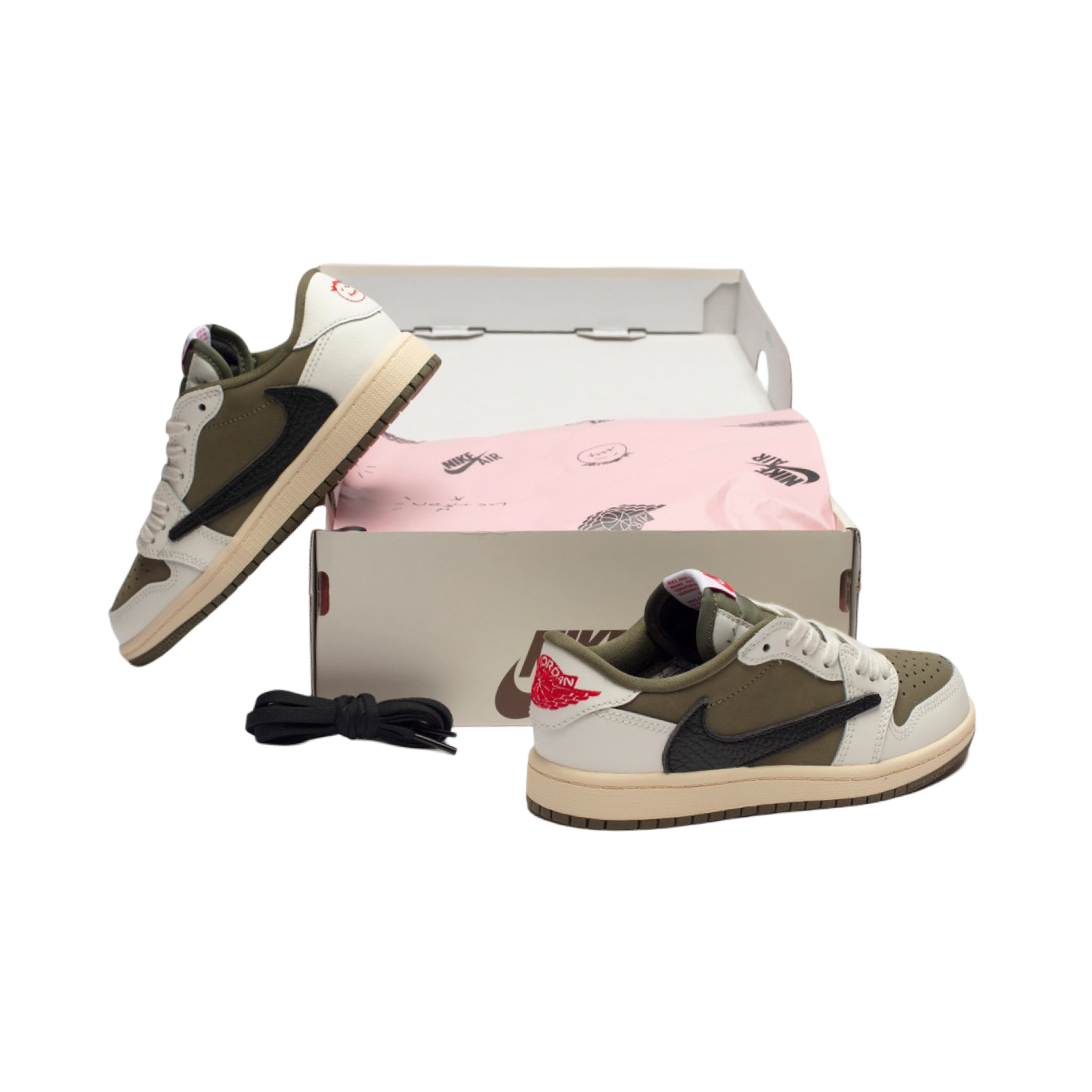 Travis Scott x Air Jordan 1 Low OG SP (PS) Kids Shoes - Medium Olive/Black/White - Stylish Sneakers for Boys & Girls - Perfect for School, Sports & Casual Wear