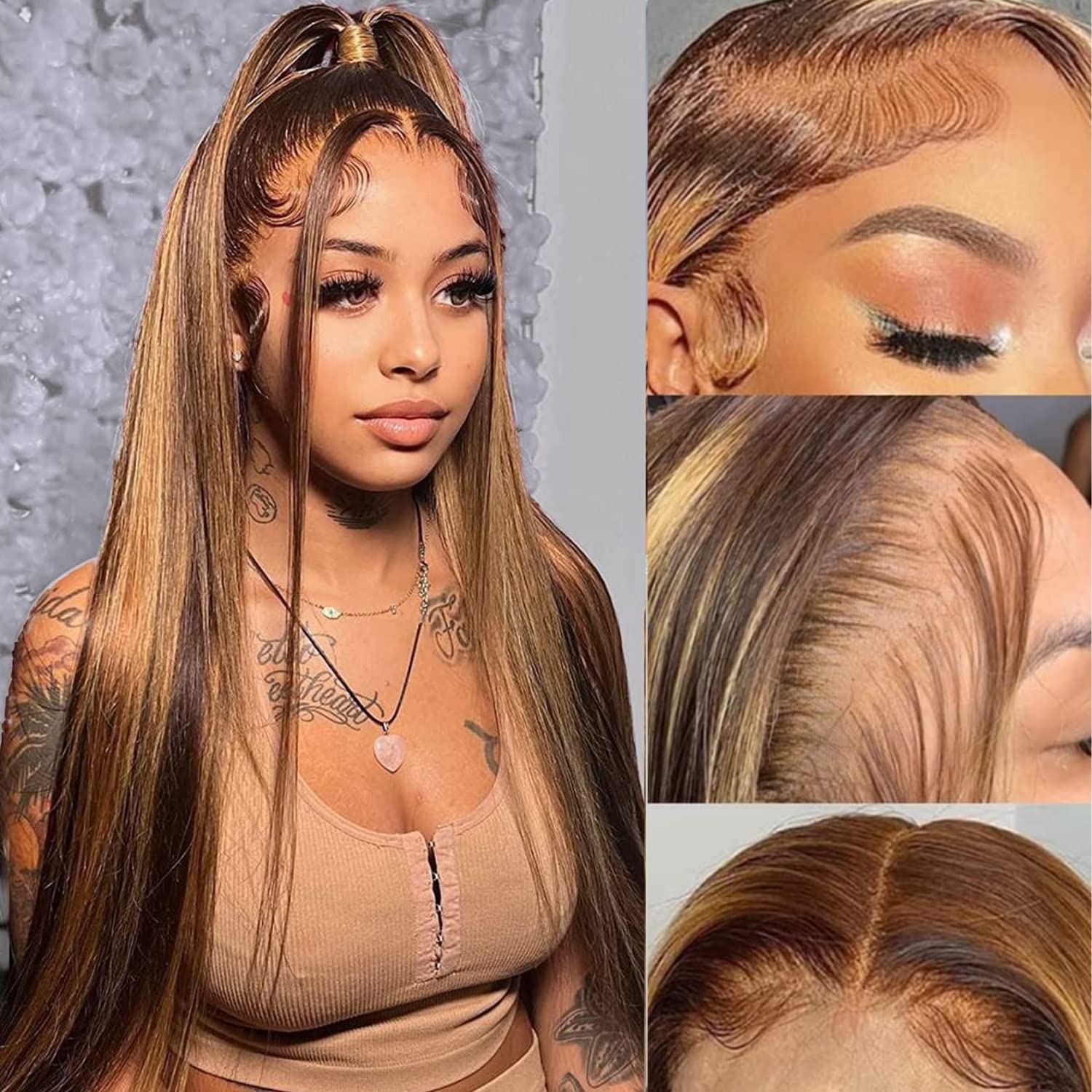 13x4 Highlight Lace Front Wigs Human Hair - 4/27 Honey Blonde HD Transparent Lace Wig - 200% Density Ombre Frontal Wig with Baby Hair & Pre-Plucked Hairline (24 Inch) - Perfect for Daily Wear, Cosplay, and Special Occasions