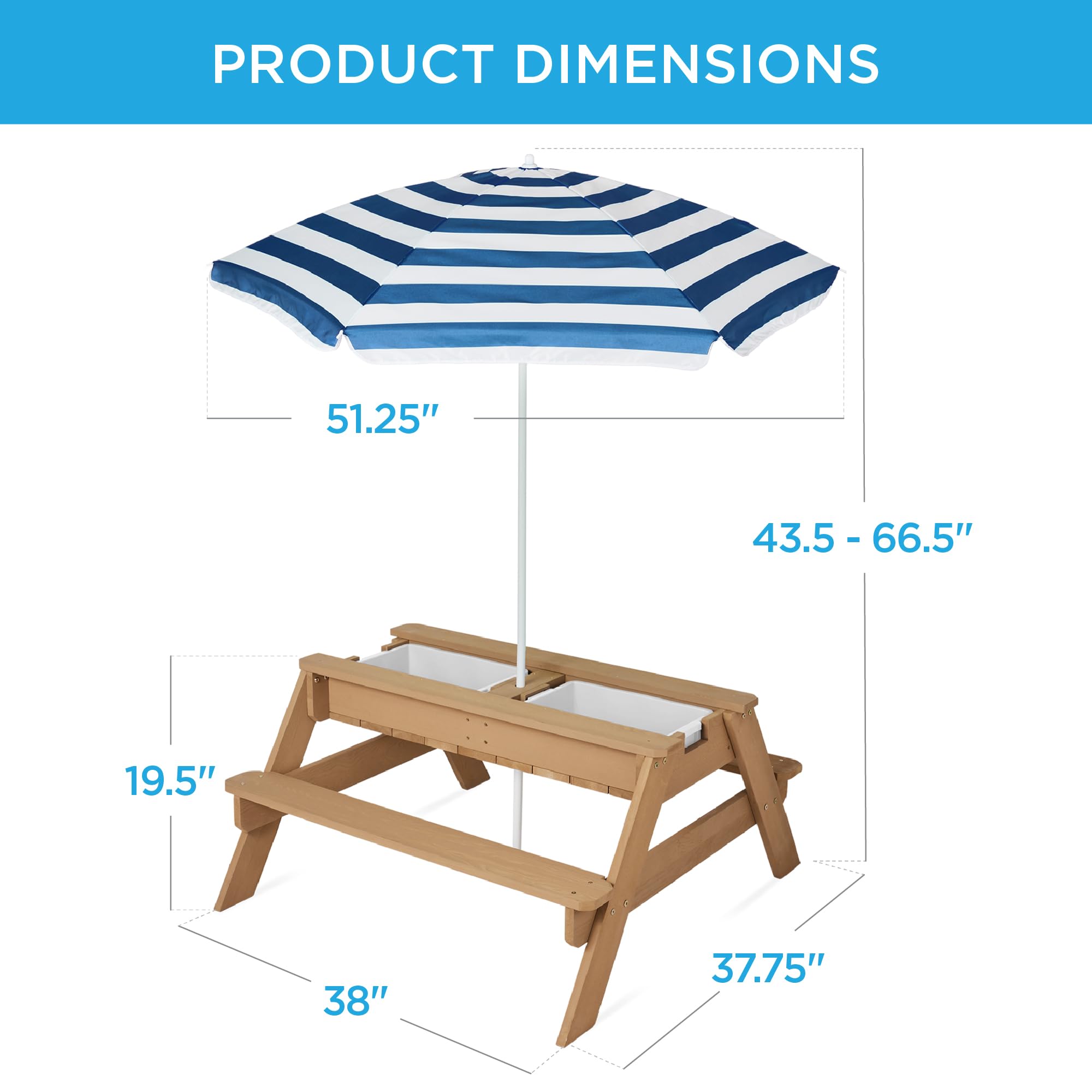 Best Choice Products Kids 3-in-1 Sand & Water Table with Convertible Picnic Top - Wooden Outdoor Activity Table with Umbrella, 2 Storage Trays & 220lb Weight Capacity - Perfect for Backyard Play, Beach Fun & Outdoor Dining (Navy Blue)