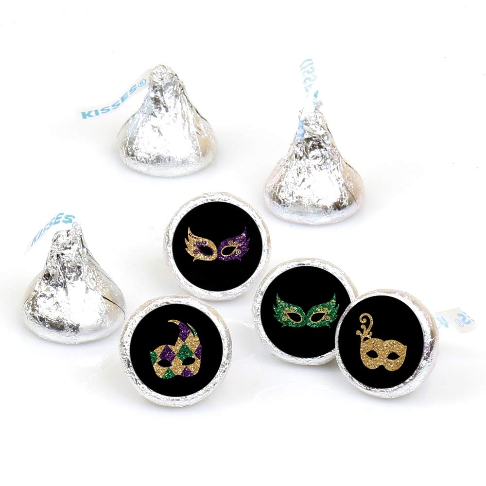 Big Dot of Happiness Mardi Gras Masquerade Party Round Candy Stickers - 108 Labels for Chocolate & Treats - Perfect for Carnival, Birthday & Halloween Party Favors