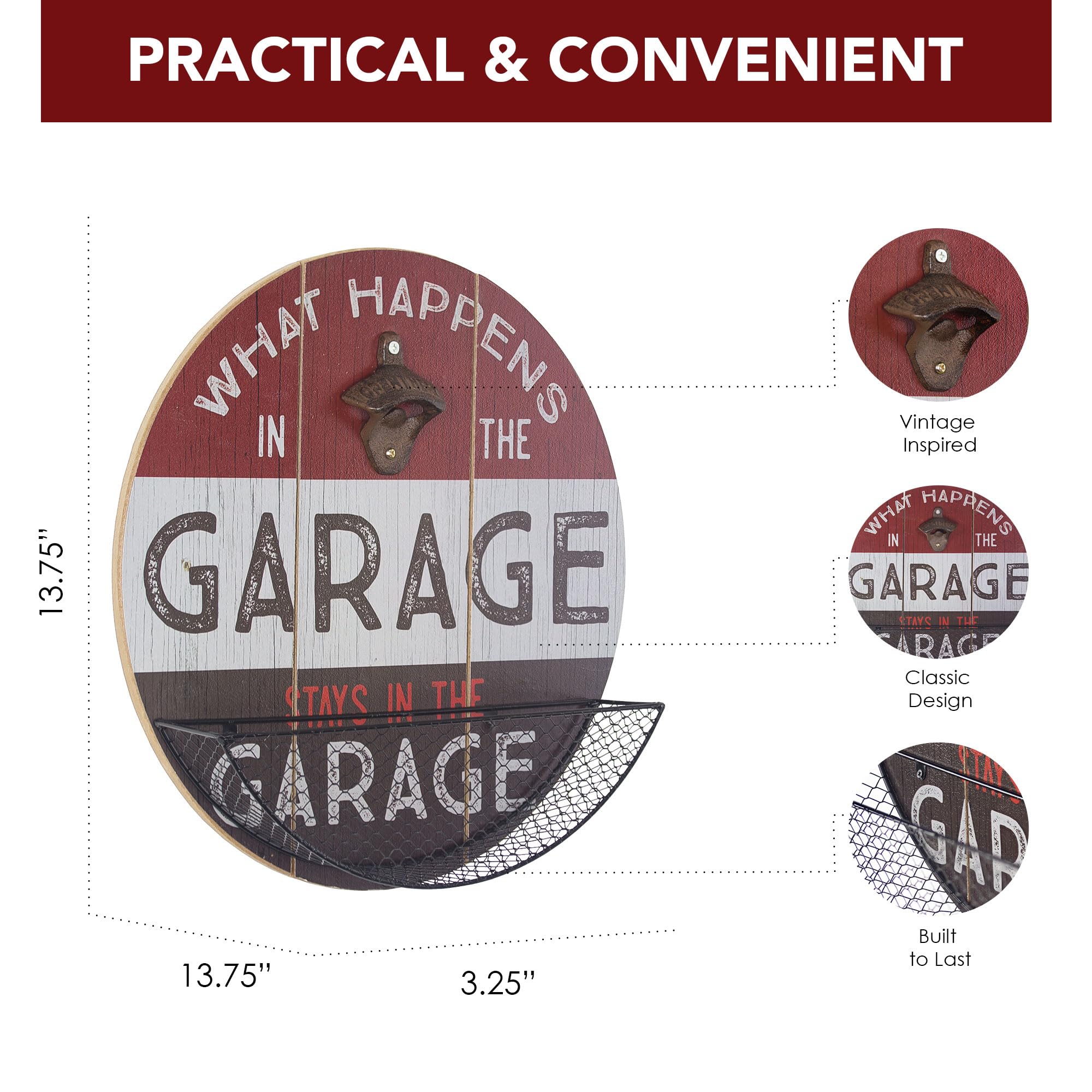 American Art Decor Wall-Mounted Wooden Beer Bottle Opener & Cap Catcher - Rustic Bar Accessory for Man Cave, Garage, Game Room - Perfect for Parties, Home Brewing & Sports Events