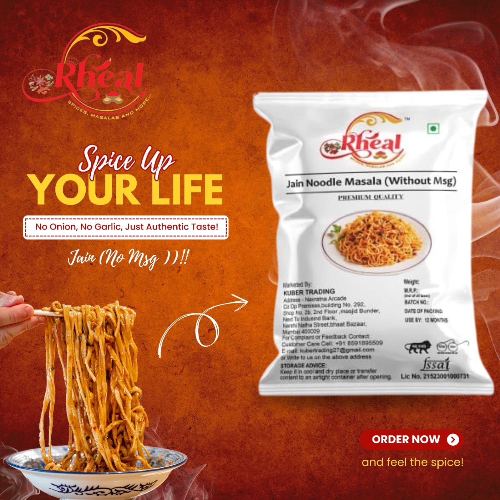 Rheal Jain Noodles Masala | Authentic Maggi-Style All-In-One Spice Mix | Onion & Garlic Free | 250g | Perfect for Jain, Vegan & Vegetarian Cooking | Ideal for Noodles, Soups & Indian Dishes