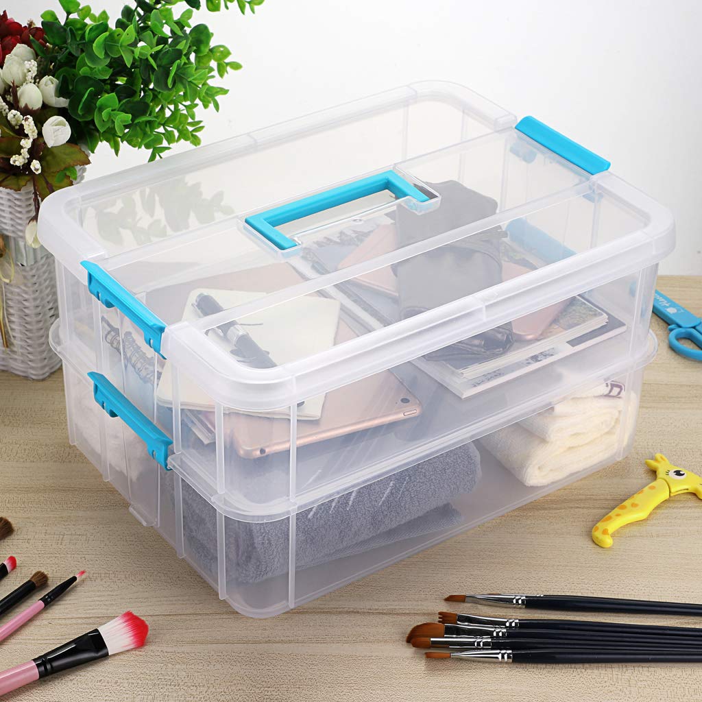 BTSKY 2 Layer Stackable Plastic Storage Box with Handle - Portable Organizer for Stationery, Art Supplies, Jewelry & Beauty Products - Perfect for Home, Office & Craft Room Organization (Blue)