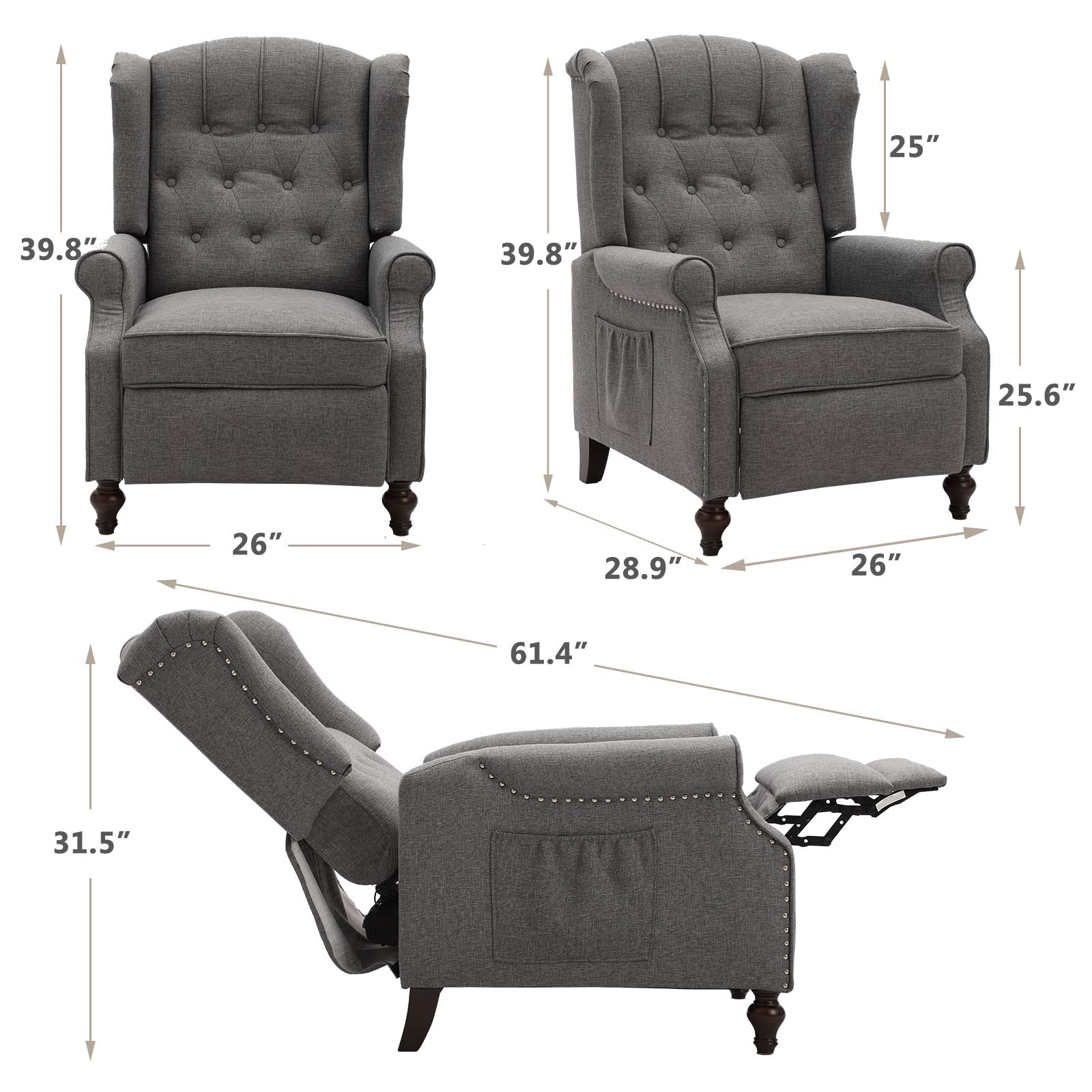 IPKIG Heated Massage Recliner Chair - Tufted Wingback Push Back Armchair with Side Pockets, Grey - Perfect for Living Room, Bedroom & Home Office Relaxation