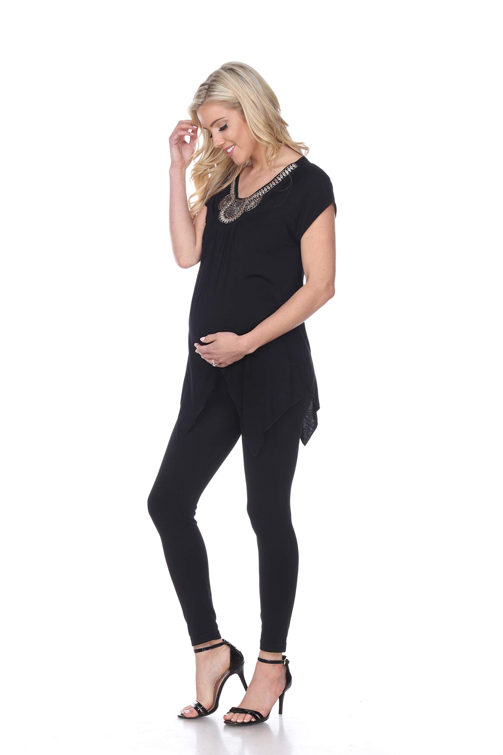 White Mark Women's Maternity Short Sleeve Embellished Tunic Top - Comfortable Pregnancy Blouse for Casual Wear & Nursing - Perfect for Office, Dates & Maternity Photos