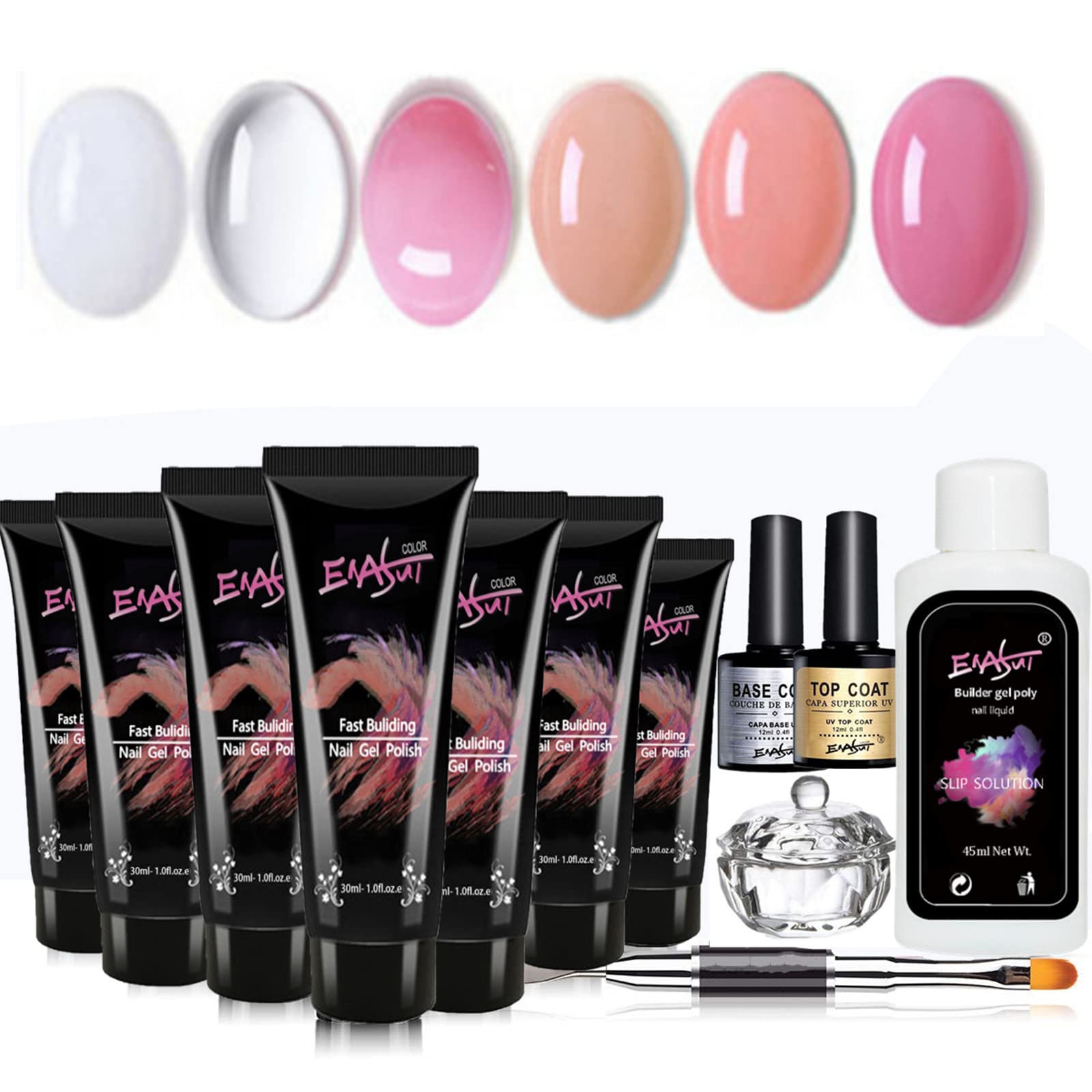 6 Colors Poly UV Gel Nail Kit - Quick Nail Extension & Builder Gel Set with Base Coat, Top Coat & Slip Solution - DIY Salon & Home Manicure Kit for Professional Nail Art & Long-Lasting Gel Extensions (Perfect for Parties, Weddings & Special Occasions)