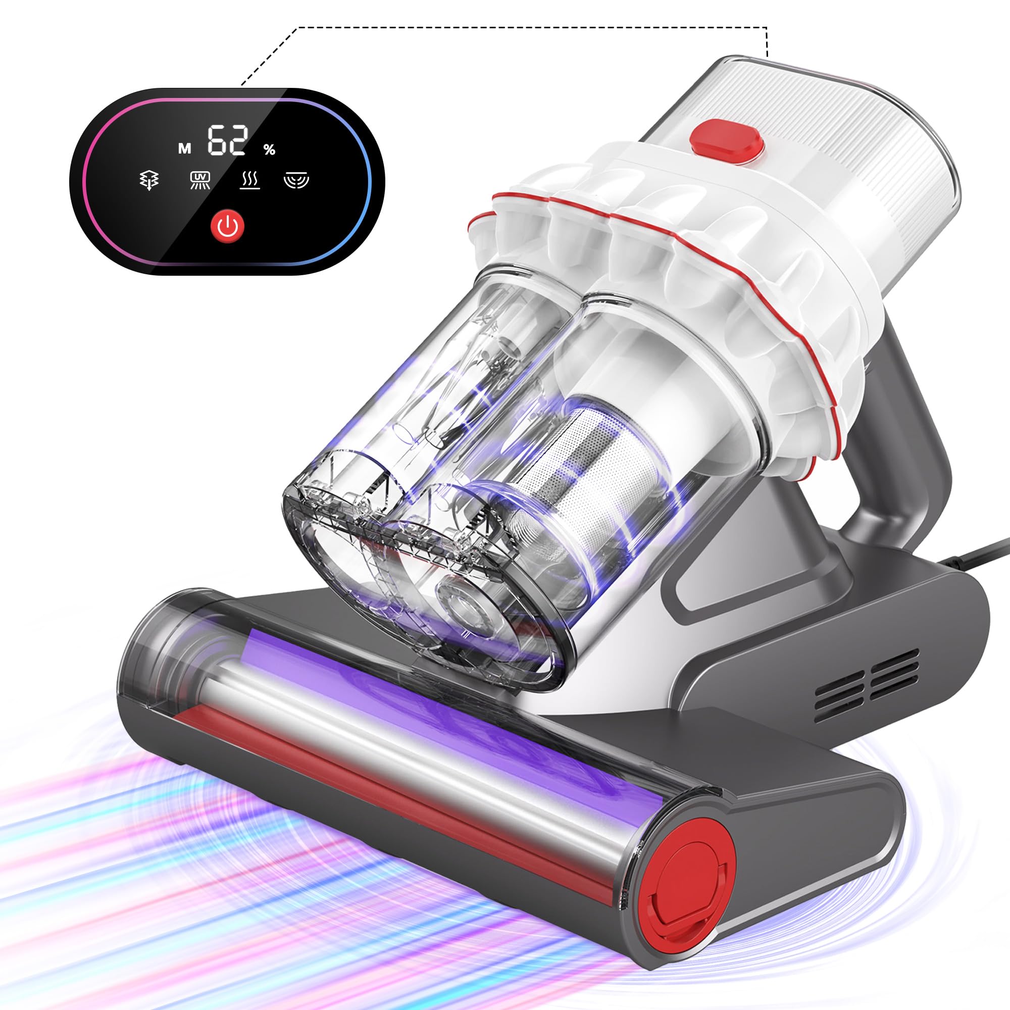 15KPa Powerful Handheld Mattress Vacuum Cleaner with UV Light & Ultrasonic - 99.9% Allergen Removal, Dual Dust Cups, Dust Gradient Indicator - Perfect for Bed, Couch, Car Seats & Pet Hair Cleaning