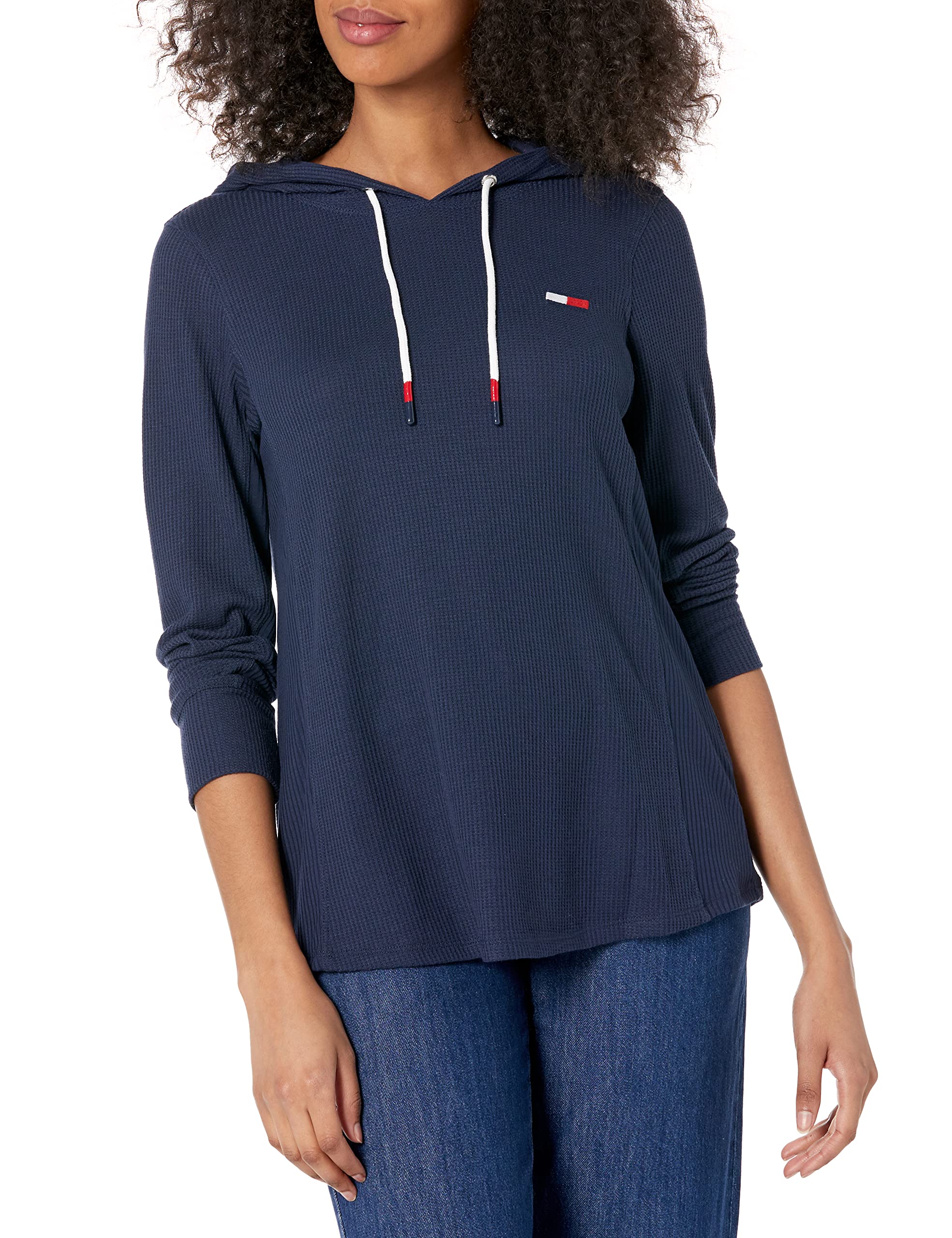 Tommy Hilfiger Women's Waffle Ribbed Logo Hoodie - Cozy Pullover Sweatshirt for Casual Wear, Lounge & Street Style Fashion