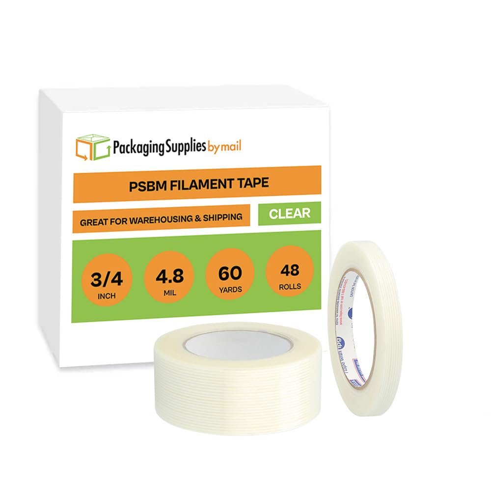 PSBM Filament Reinforced Tape - 3/4 Inch x 60 Yards, 48 Pack Clear Fiberglass Strand Strapping Tape [Extreme Heavy Duty] for Shipping, Packaging & Industrial Use