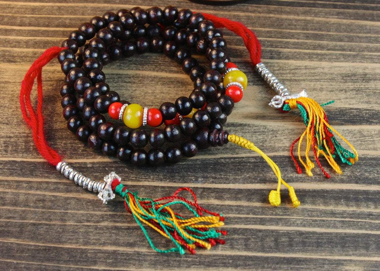 Amber and Coral Redwood Mala Beads - Handmade Buddhist Meditation Prayer Necklace for Yoga, Mindfulness & Spiritual Healing
