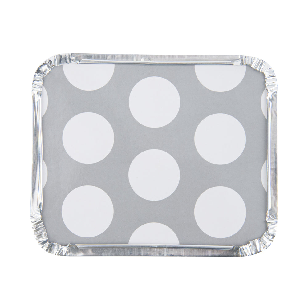 12 oz Rectangle Silver Aluminum Takeout Containers with Polka Dot Paper Lids - 5.75