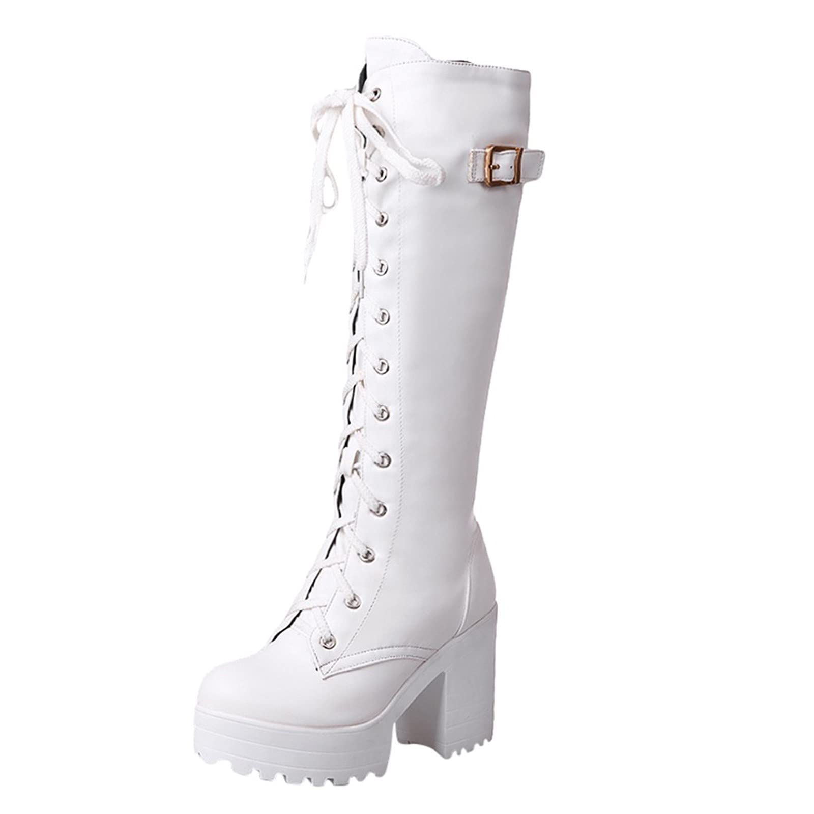 Waterproof Women's High Heel Platform Boots with Lace-Up Design - White Size 9 | Fashion Winter Boots for Women, Perfect for Outdoor Activities, Parties & Office Wear