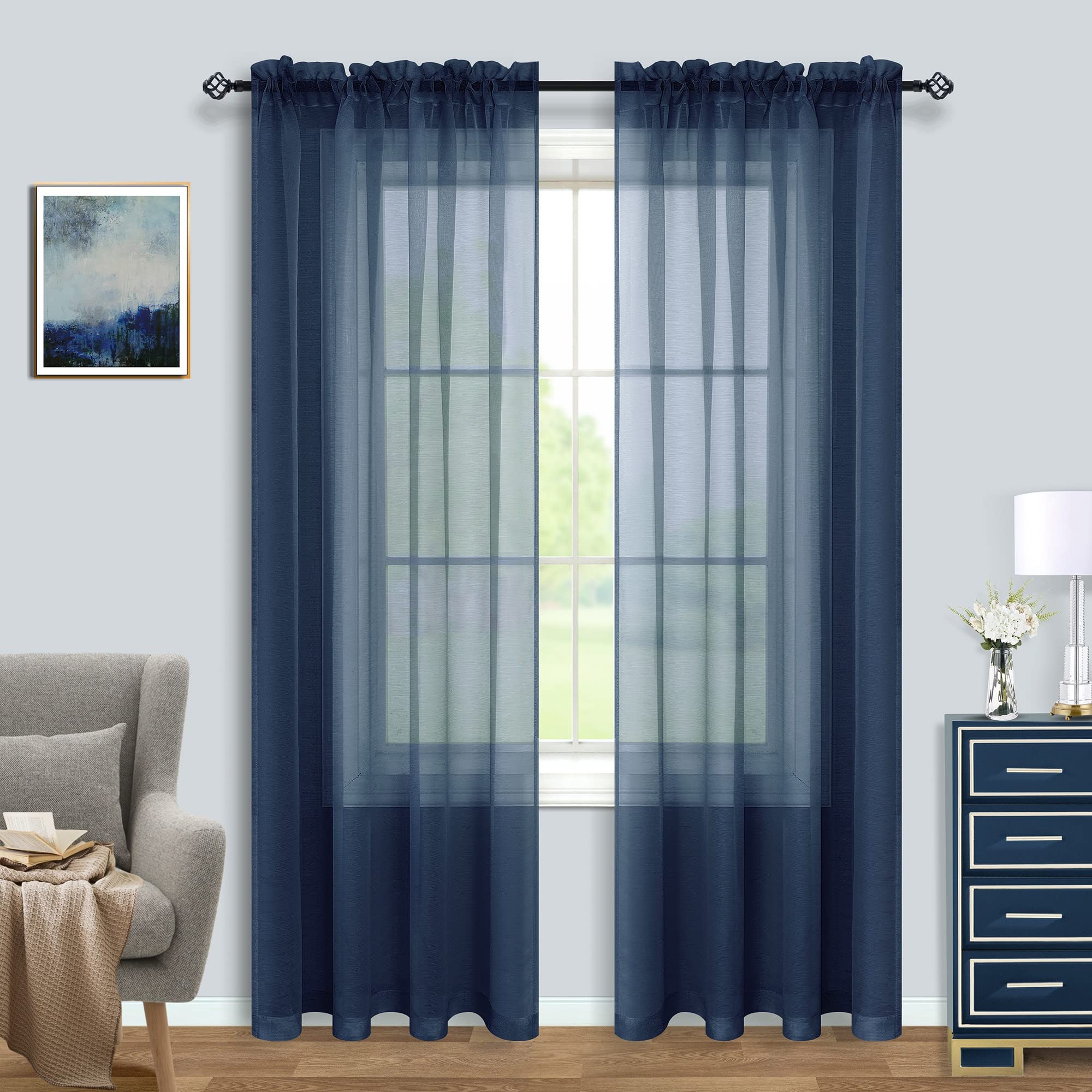 Navy Blue Sheer Curtains 96 Inches Long - Set of 2 Panels with Rod Pocket, 52x96 Inch for Living Room & Bedroom - Light Filtering Window Drapes for Privacy & Home Decor