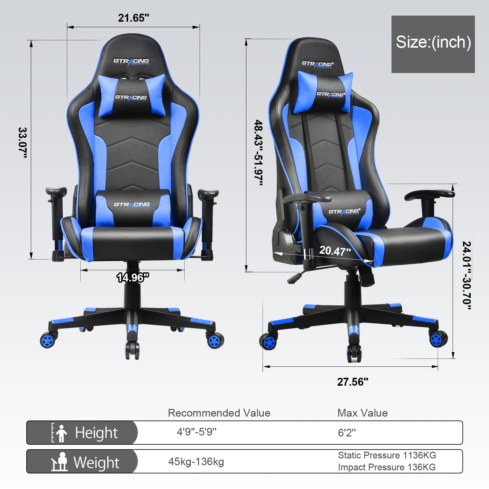 GTRACING Bluetooth Gaming Chair with Built-in Speakers - Ergonomic Video Game & Office Computer Desk Chair - Heavy Duty Design (Blue) - Perfect for Gaming, Streaming & Home Office Work