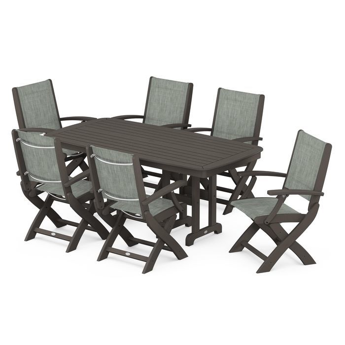 POLYWOOD Coastal Folding Arm Chair 7-Piece Outdoor Dining Set - Perfect for Patio, Deck, Poolside & Beachfront Entertaining