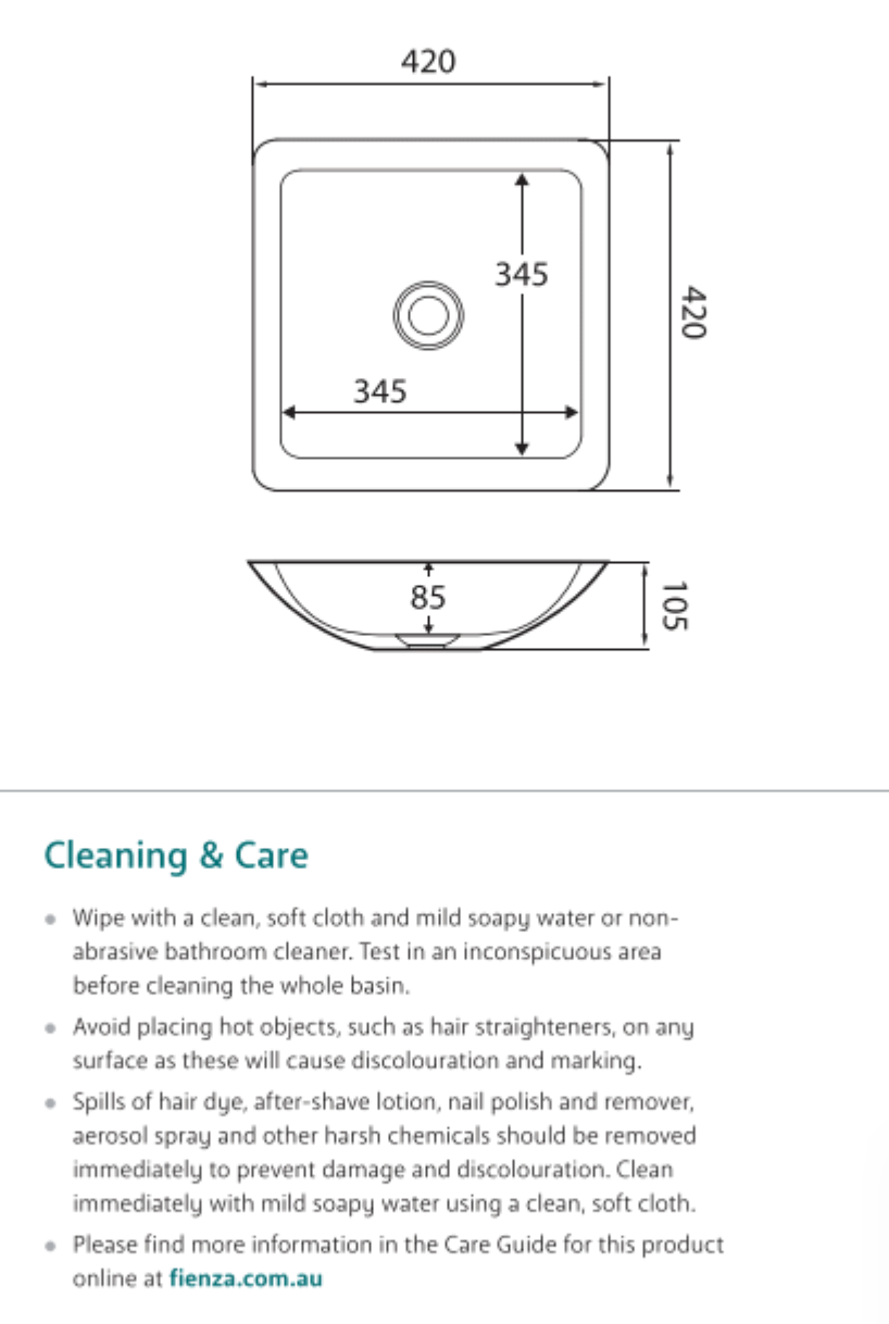 Fienza CSB02 Classique 420mm White Matte Solid Surface Bathroom Sink - Modern Above Counter Basin for Vanity, Powder Room & Guest Bath Installation