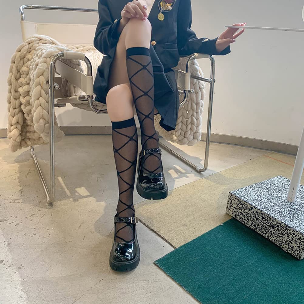 JIHUOO 2 Pairs Black Knee High Socks - Mesh Lolita Stockings with Patterned Design, Thin Calf Socks for Women & Girls | Perfect for Cosplay, Gothic Fashion and Everyday Wear