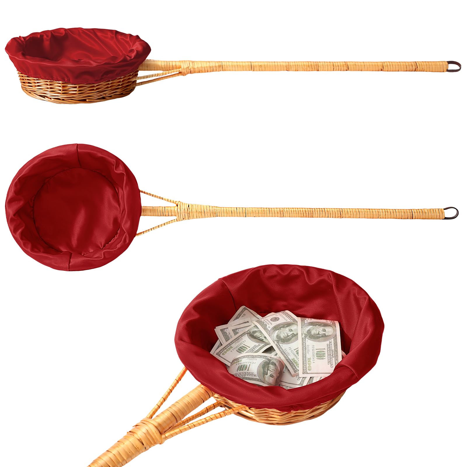 Yousoontic Long Handle Round Woven Offering Basket with Removable Liner - Church Communion Bread Basket for Worship Services, Religious Ceremonies & Home Decor