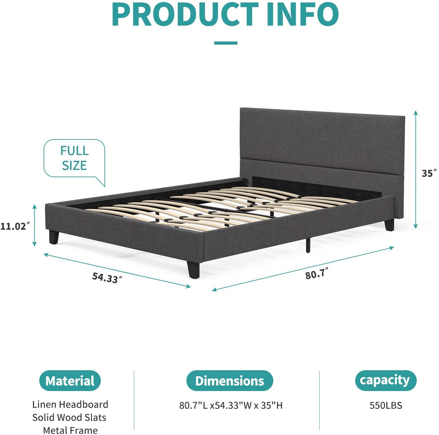 Full Size Bed Frame with Headboard - Wood Slat Support Platform Bed, No Box Spring Needed - Sturdy Low Profile Design for Modern Bedrooms & Guest Rooms