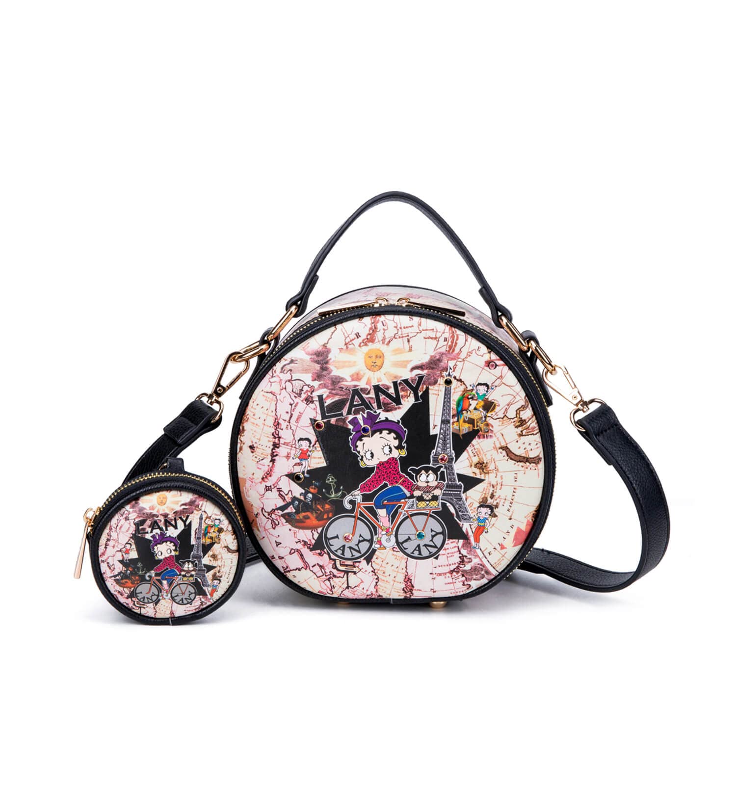 Betty Boop Vintage Style Barrel Crossbody Bag with Detachable Coin Purse - Black Retro Handbag for Women, Perfect for Daily Use, Shopping & Travel Accessories