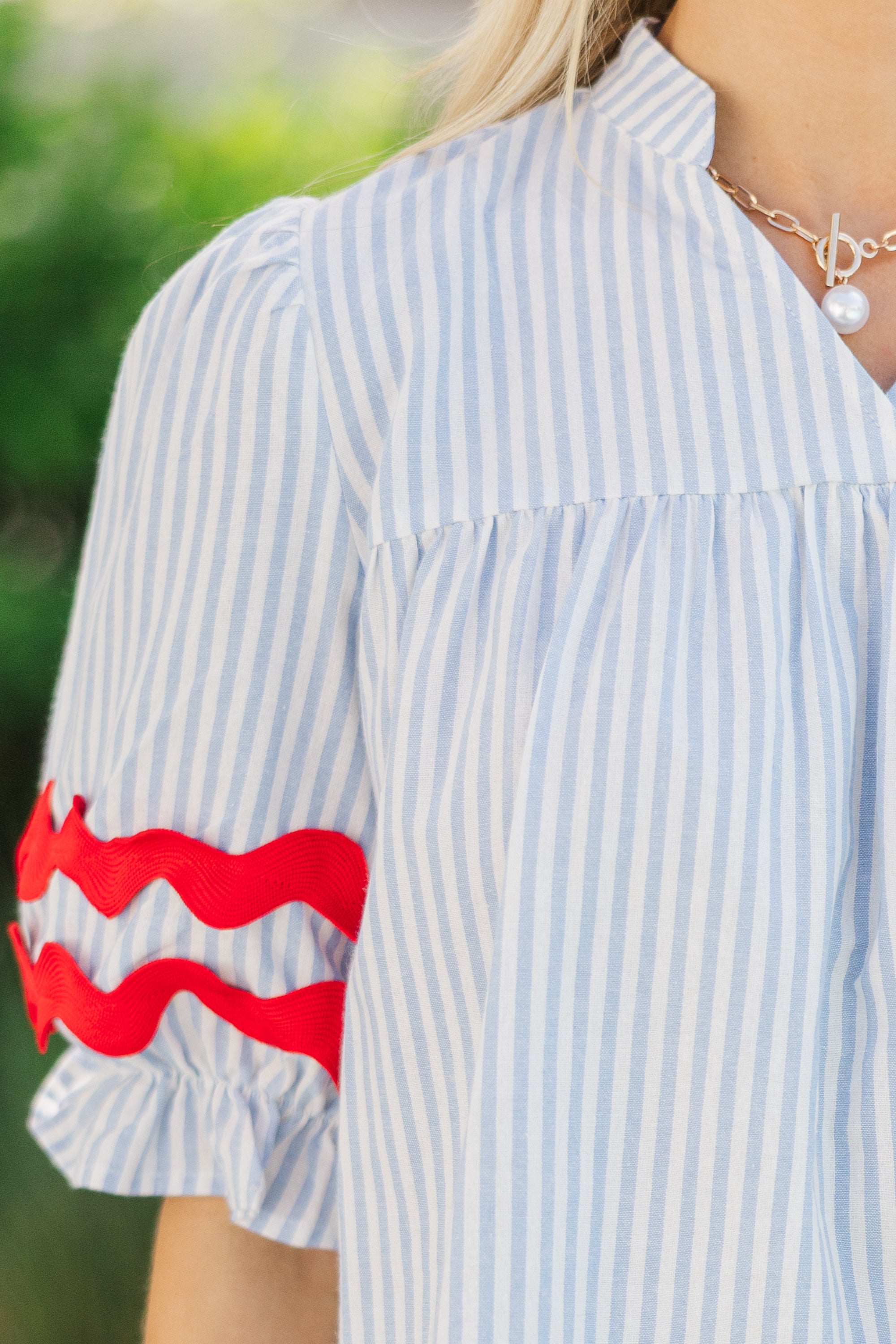 Light Blue Striped Blouse - Women's Fashion Top for Casual & Office Wear | Perfect for Spring Outfits and Work Attire