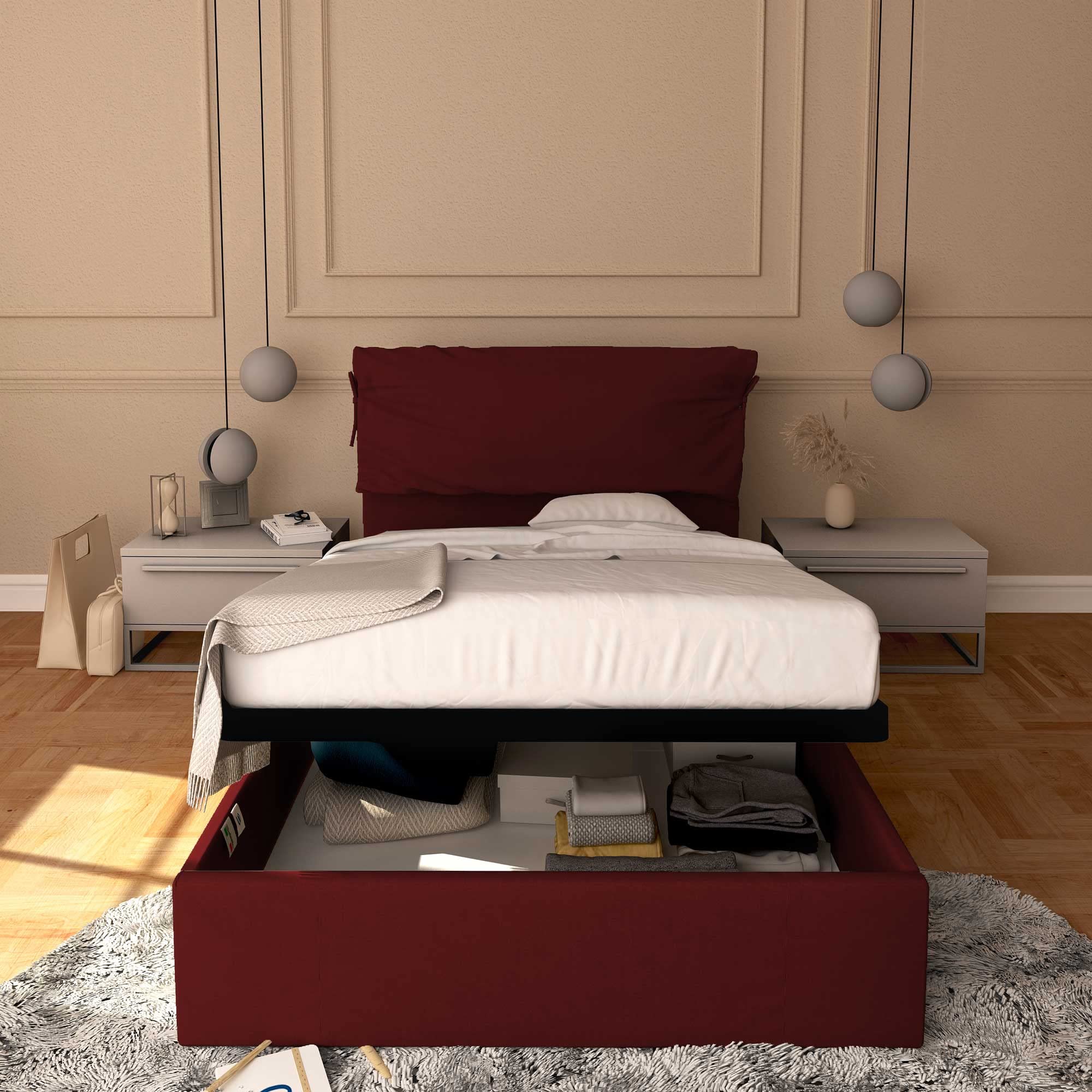 Baldiflex Single Bed with Storage - Licia Soft Synthetic Leather Upholstery, Slatted Base for Single Mattress, 120 x 190 cm, Padded Headboard, Bordeaux Red - Perfect for Small Bedrooms, Guest Rooms & Studio Apartments