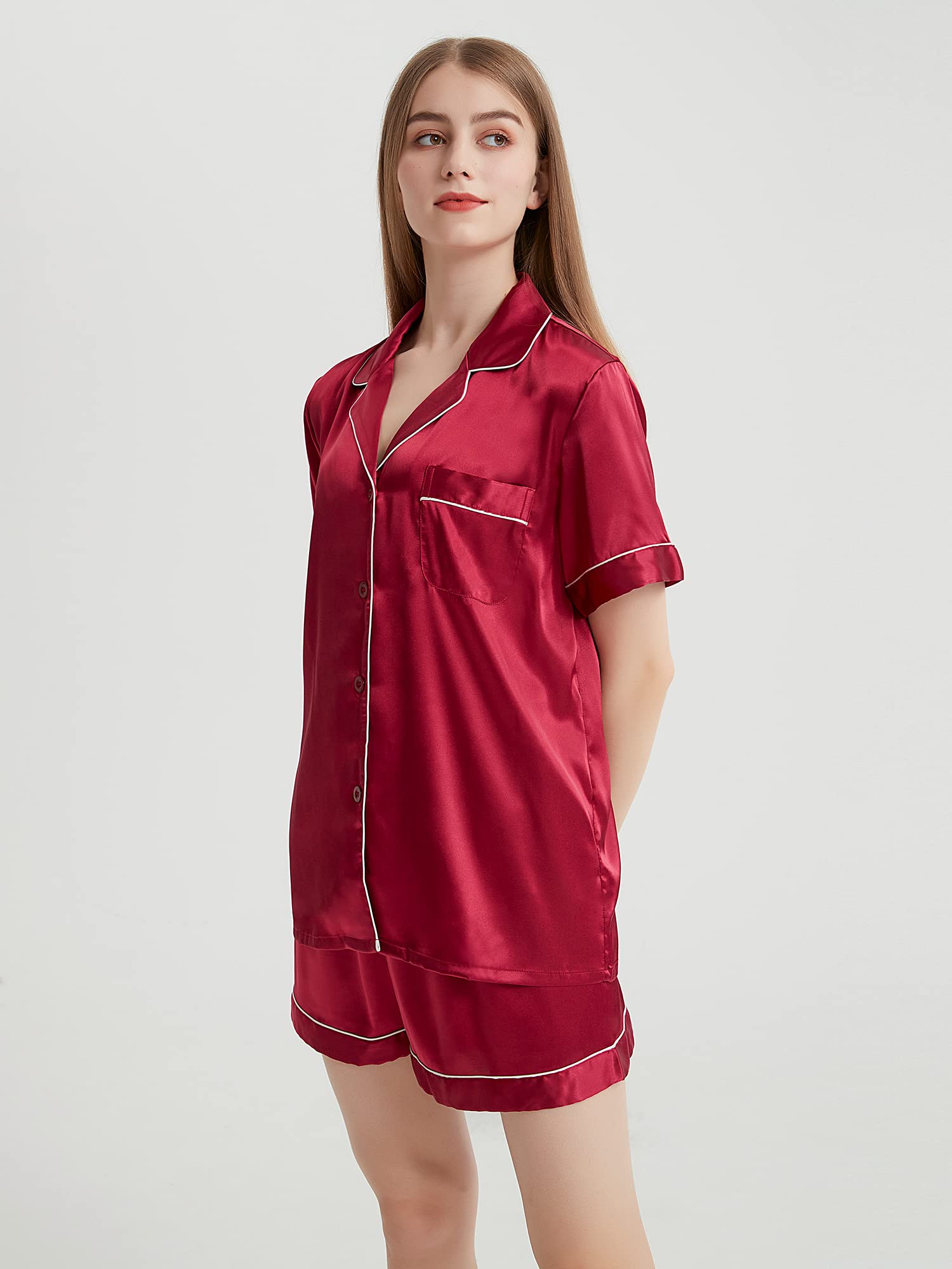 2 Piece Silk Satin Pajama Set for Women - Soft & Comfortable Short Sleeve Button Down Sleepwear - Perfect for Lounging, Sleepovers & Relaxing at Home