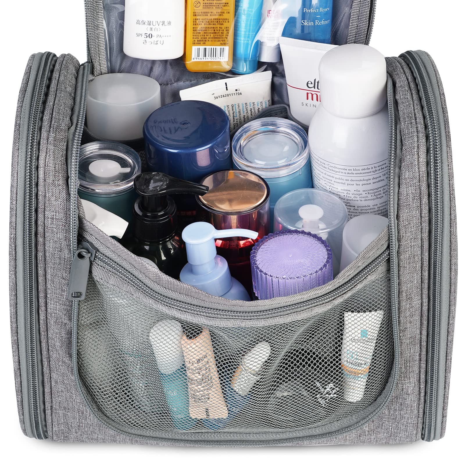 **Large Grey Hanging Toiletry Bag for Women & Men – Travel Makeup Organizer with Multiple Pockets for Cosmetics, Toiletries & Essentials – Perfect for Air Travel, Camping & Gym**